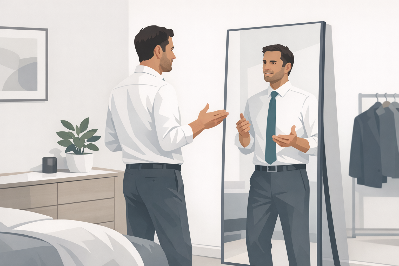 Mann uebt seine Selbstpraesentation vor einem Spiegel zu Hause und gestikuliert dabei ruhig