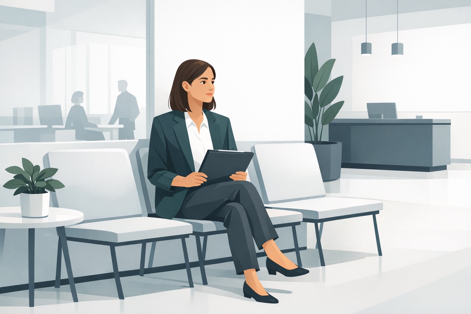 Junge Berufseinsteigerin sitzt mit Mappe in der Hand im Wartebereich eines modernen Unternehmens