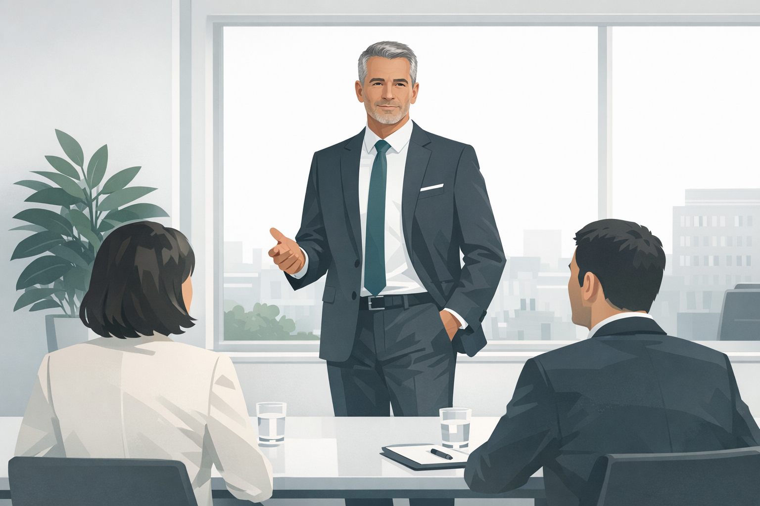 Erfahrener Mann im Business-Outfit praesentiert sich souveraen vor zwei Interviewern in einem gepflegten Besprechungszimmer mit grossem Fenster