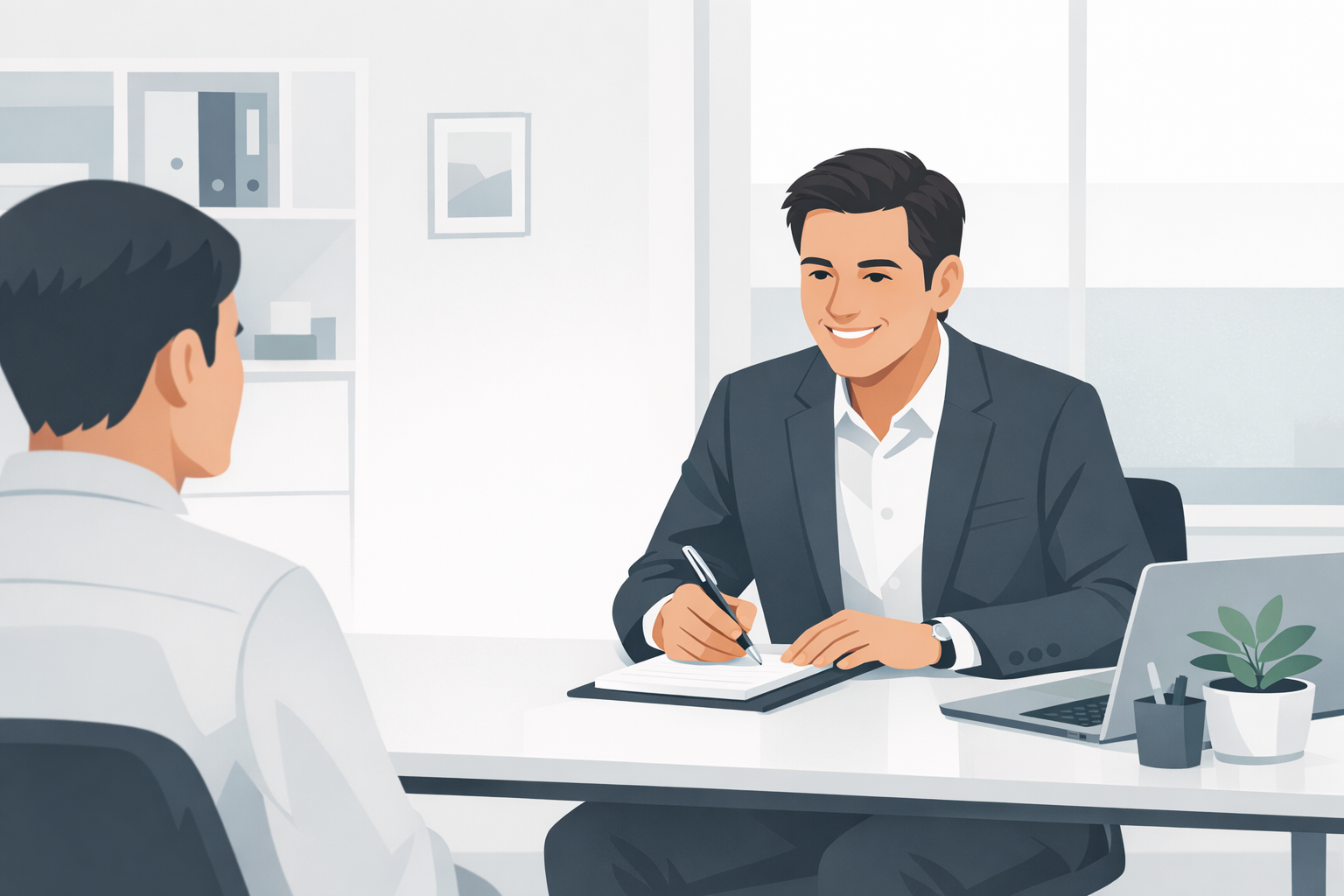 Personaler macht sich waehrend eines Bewerbungsgespraechs Notizen und laechelt freundlich