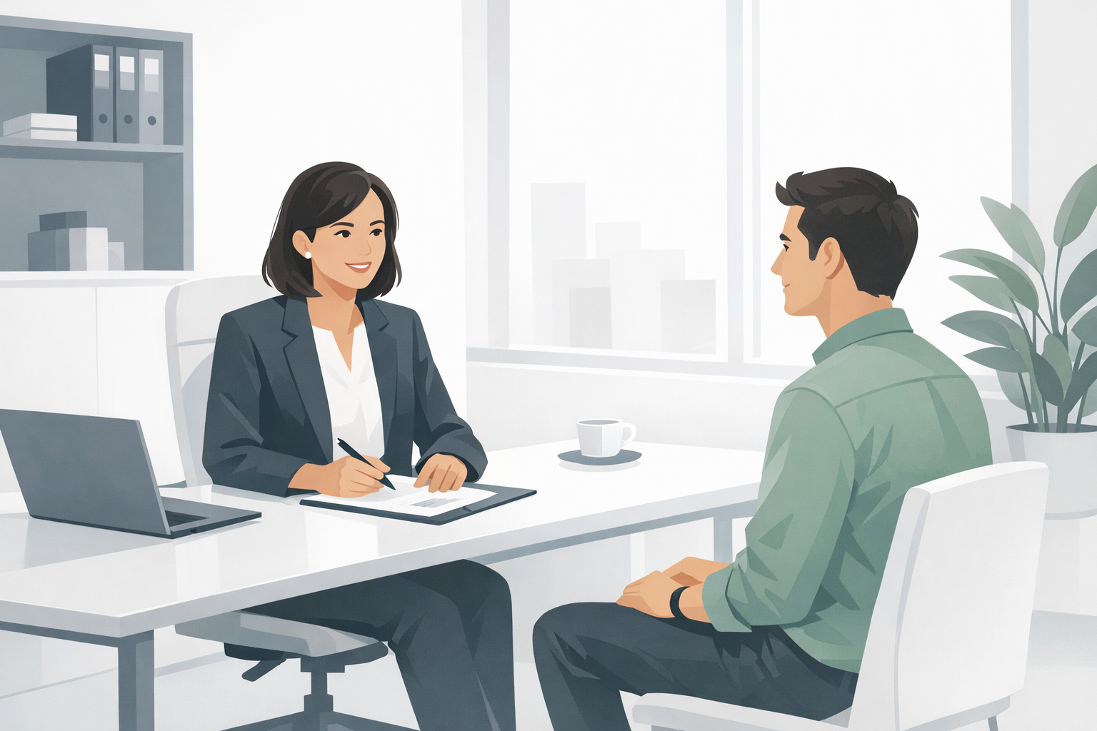 Personaler fuehrt ein entspanntes Vorstellungsgespraech mit einem Bewerber in einem hellen Buero