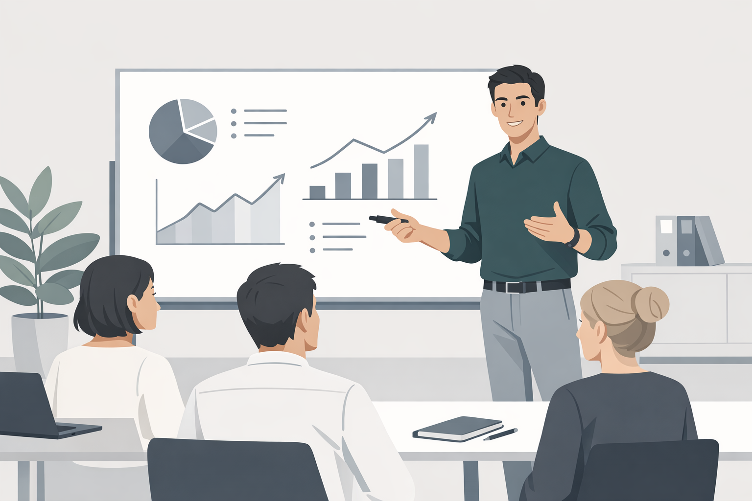 Junger Mann praesentiert selbstbewusst vor einem kleinen Team an einem Whiteboard