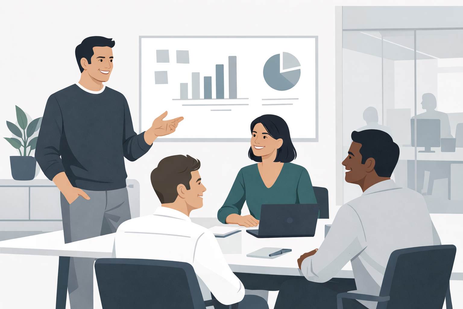 Teamleiter motiviert sein Team bei einer lockeren Besprechung im modernen Buero