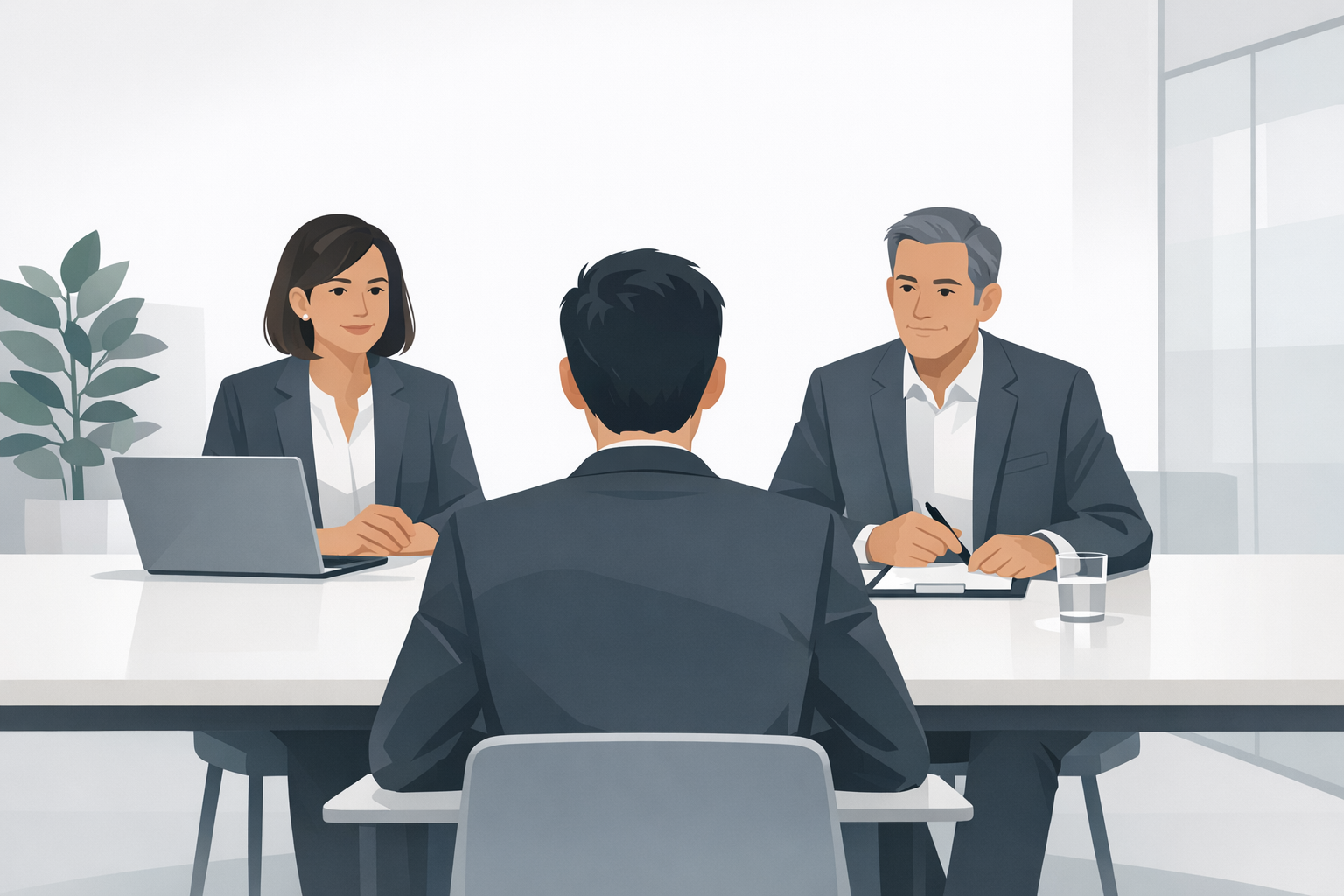 Bewerber sitzt konzentriert gegenueber zwei Personalern an einem Besprechungstisch