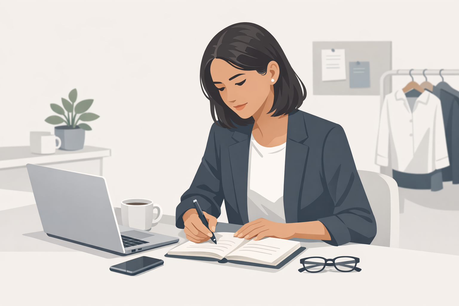 Junge Frau bereitet sich am Laptop auf ein Vorstellungsgespraech vor und macht sich Notizen