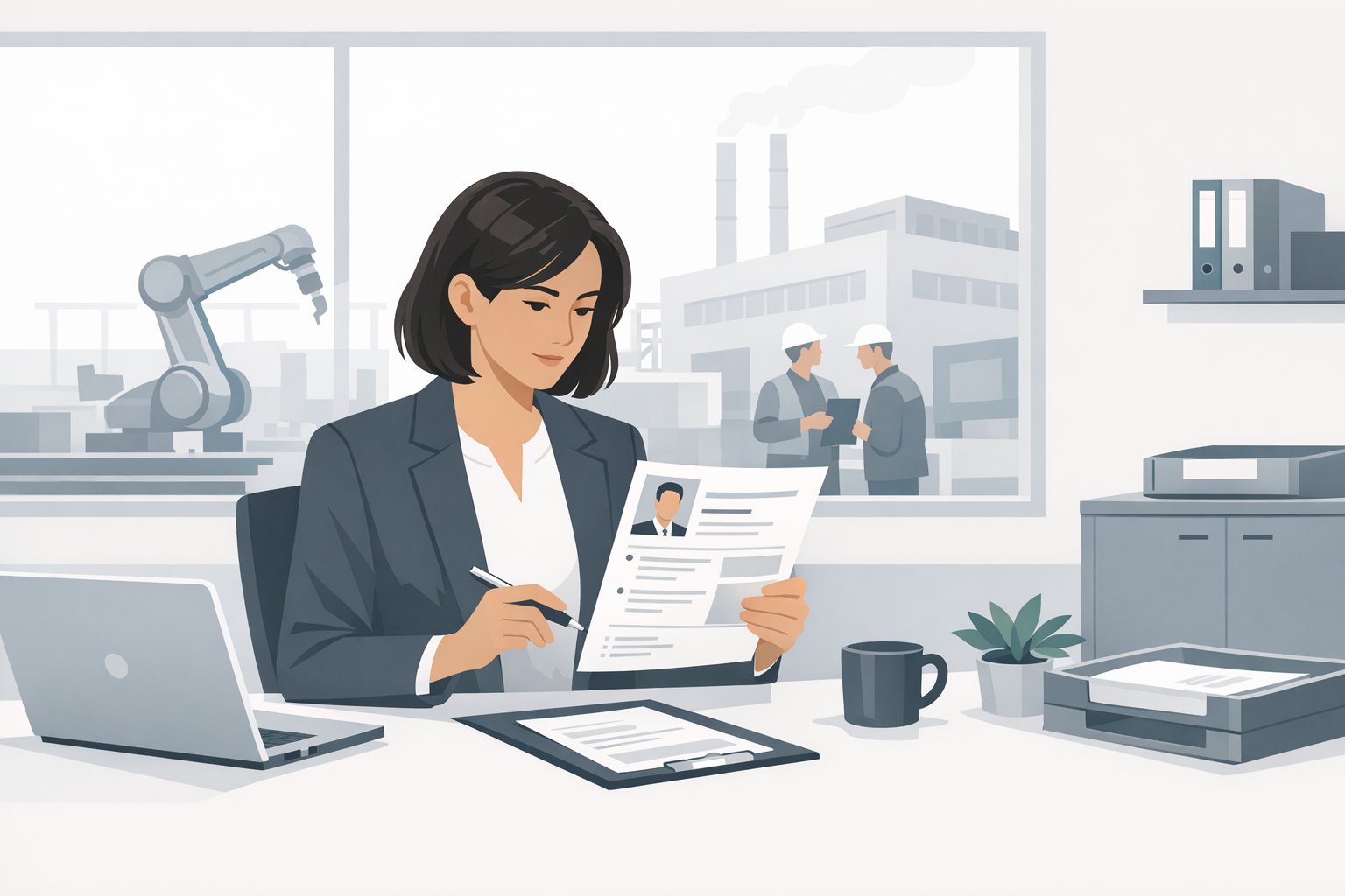 Recruiter prueft Bewerbungsunterlagen an ihrem Schreibtisch in einem Industrieunternehmen