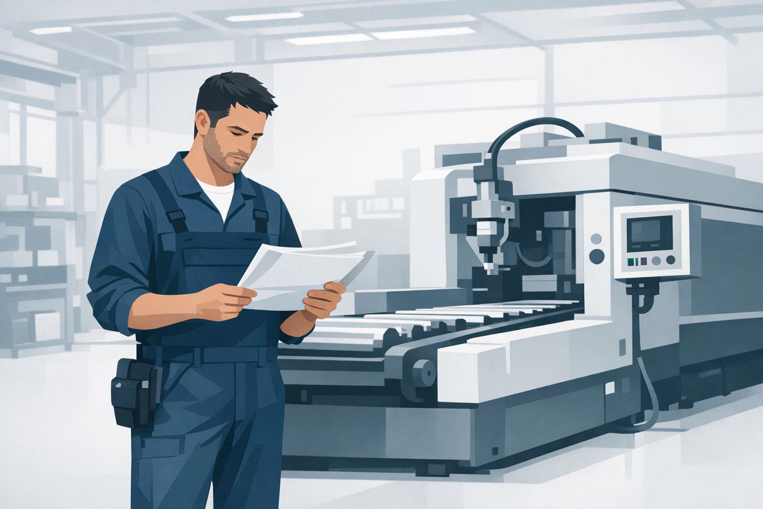 Techniker im Blaumann studiert Unterlagen in einer Werkshalle neben einer Produktionsanlage