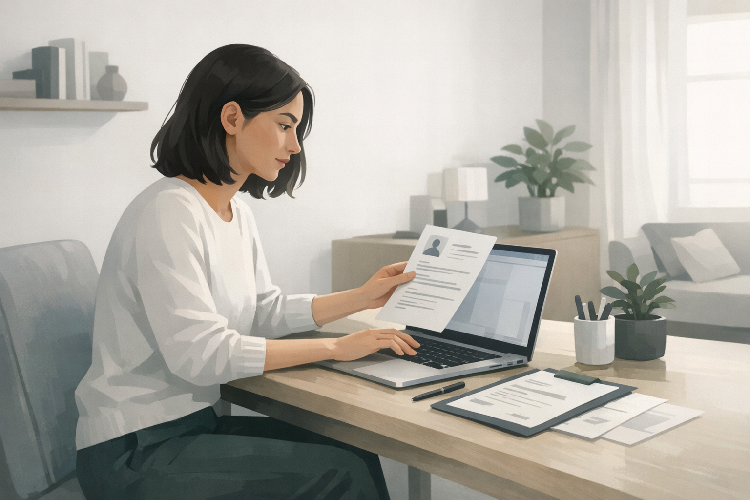 Junge Frau sitzt am Laptop an einem Schreibtisch in ihrer Wohnung und arbeitet konzentriert an ihren Bewerbungsunterlagen