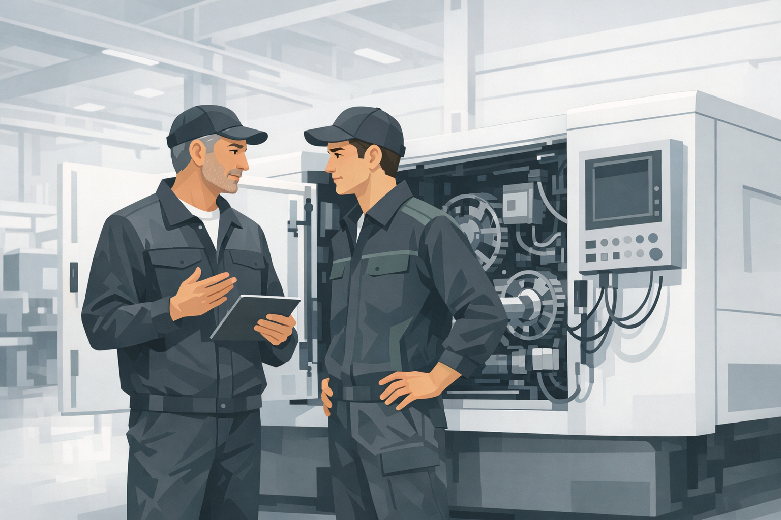 Zwei Industriemechaniker besprechen sich vor einer geoeffneten Maschinenanlage in einer Produktionshalle