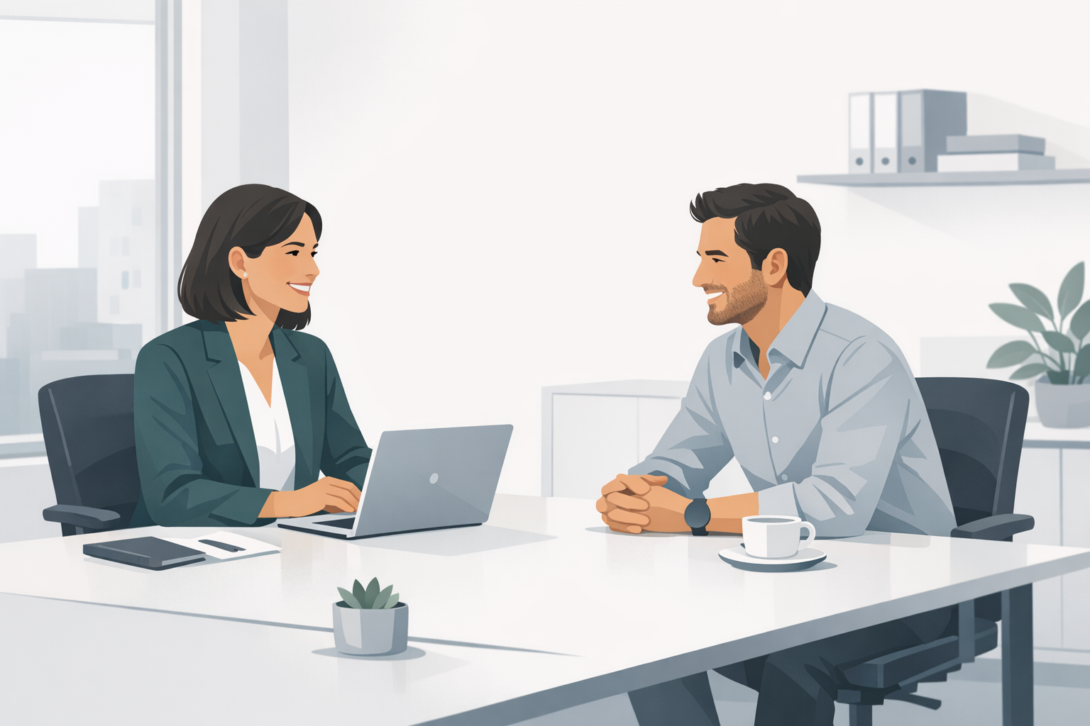 Personaler sitzen sich laechelnd in einem modernen Buero gegenueber, entspannte Gespraechssituation