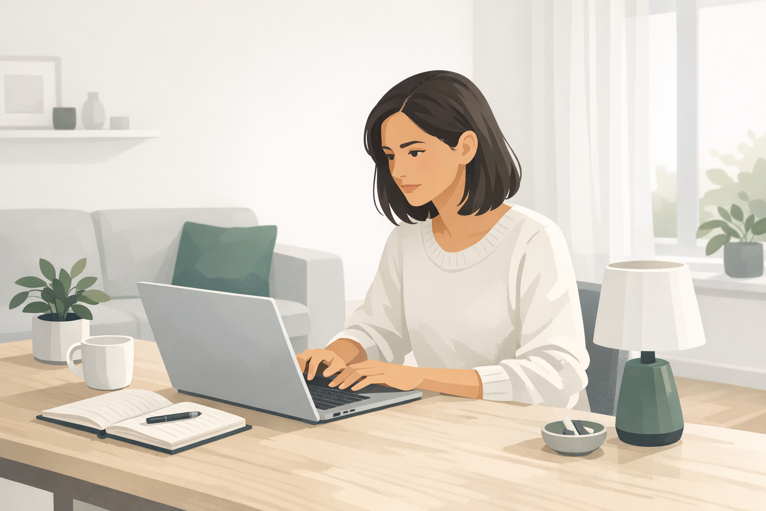 Junge Frau recherchiert konzentriert am Laptop, Notizbuch neben dem Rechner, ruhiger Schreibtisch in heller Wohnung am Nachmittag