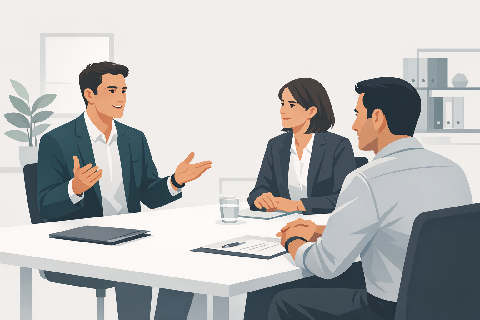 Selbstbewusster Bewerber gestikuliert im Vorstellungsgespraech, zwei Personaler hoeren aufmerksam zu