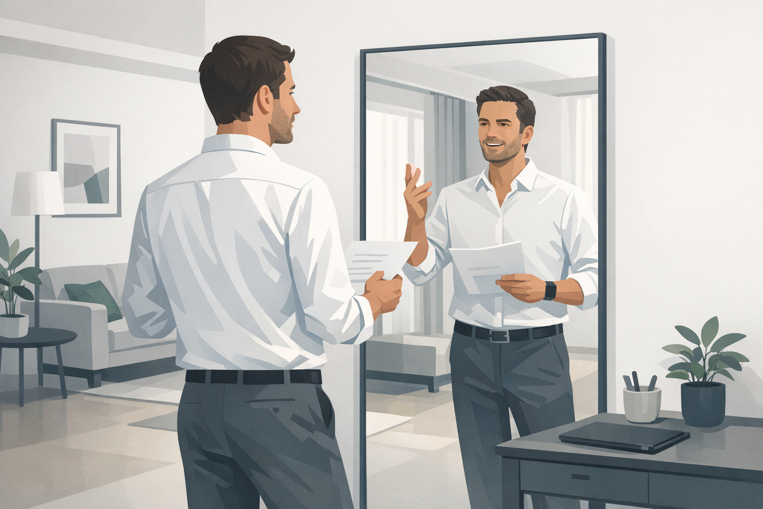 Mann uebt eine Praesentation vor dem Spiegel in ihrer Wohnung, selbstbewusste Haltung