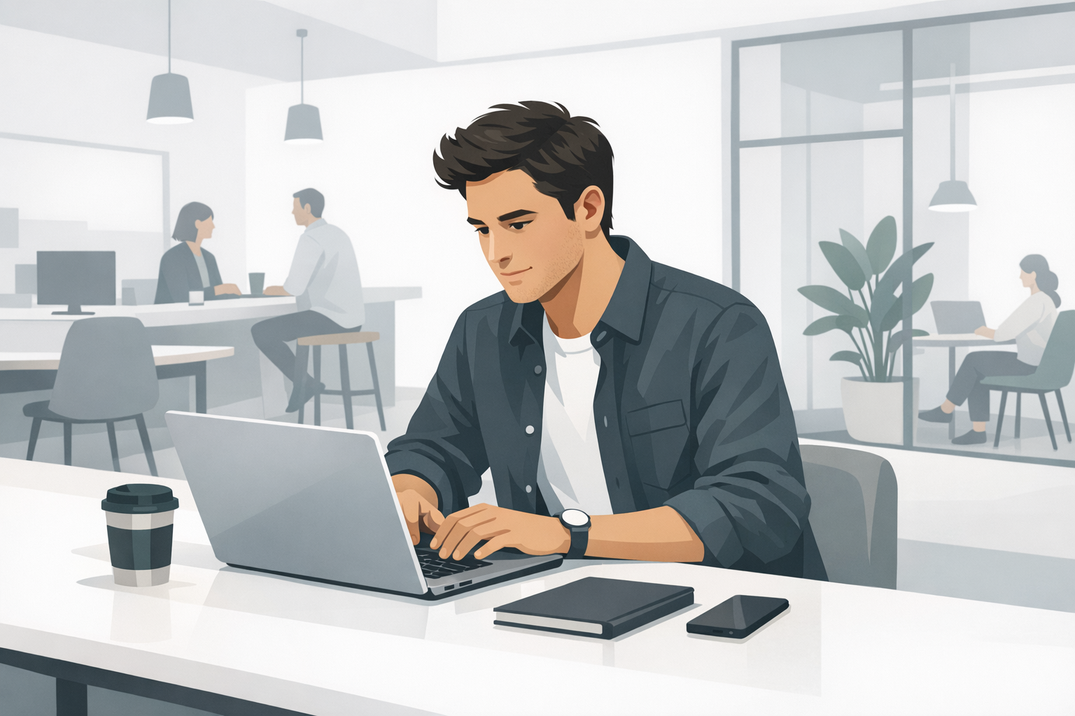 Junger Mann im Business-Casual-Outfit arbeitet konzentriert am Laptop in einem modernen Coworking-Space