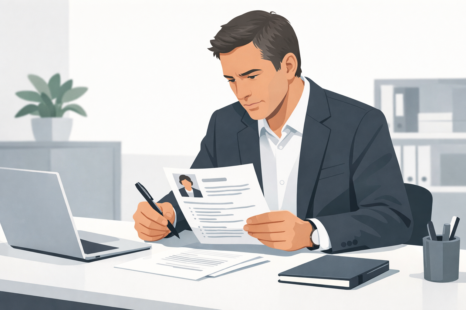 Personaler prueft einen Lebenslauf am Schreibtisch, Stift in der Hand, konzentrierter Blick
