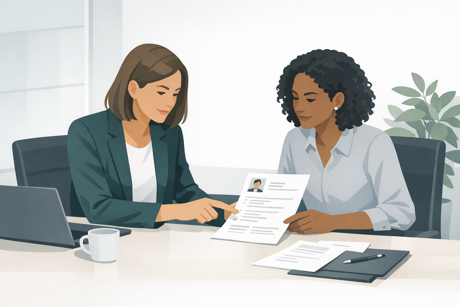 Zwei Kolleginnen besprechen Bewerbungsunterlagen am Konferenztisch, eine zeigt auf ein Dokument
