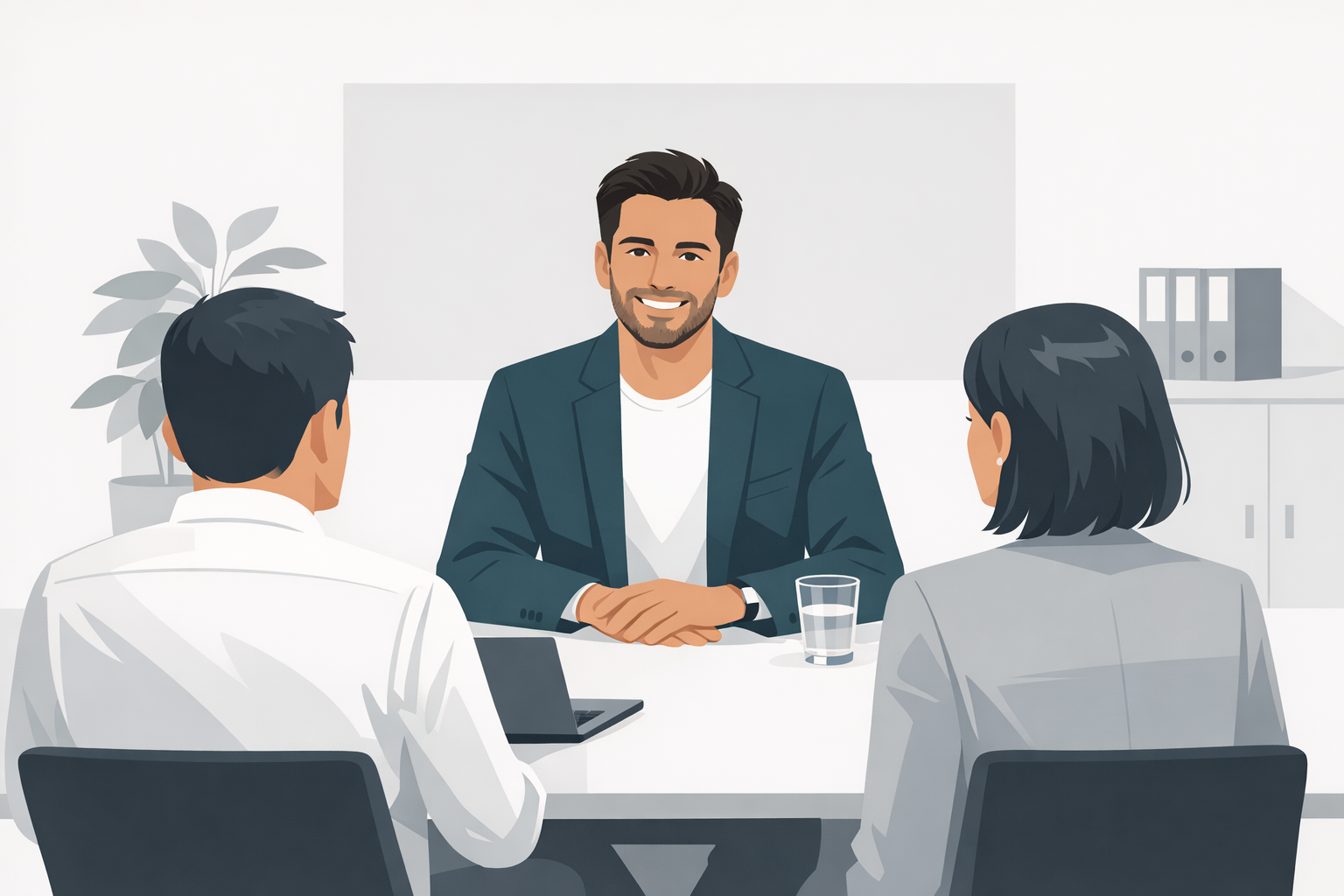 Bewerber im Vorstellungsgespraech laechelt selbstbewusst gegenueber zwei Personalern