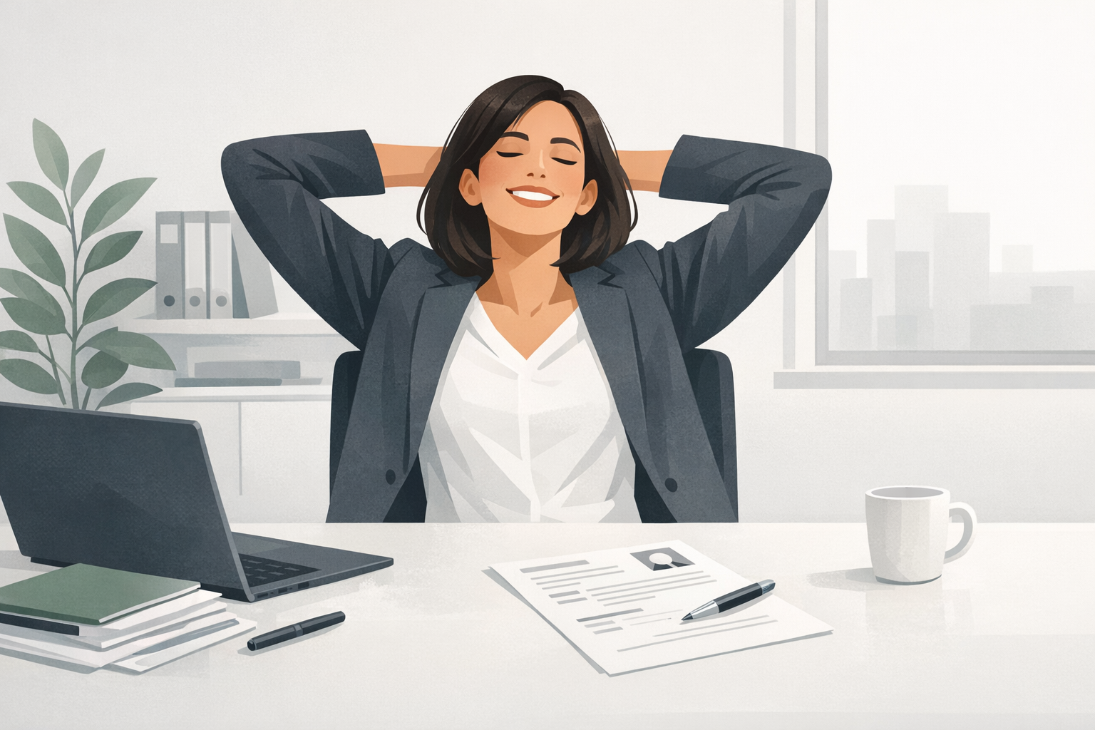 Frau in Businesskleidung strahlt erleichtert, nachdem sie eine Bewerbung am Schreibtisch fertiggestellt hat