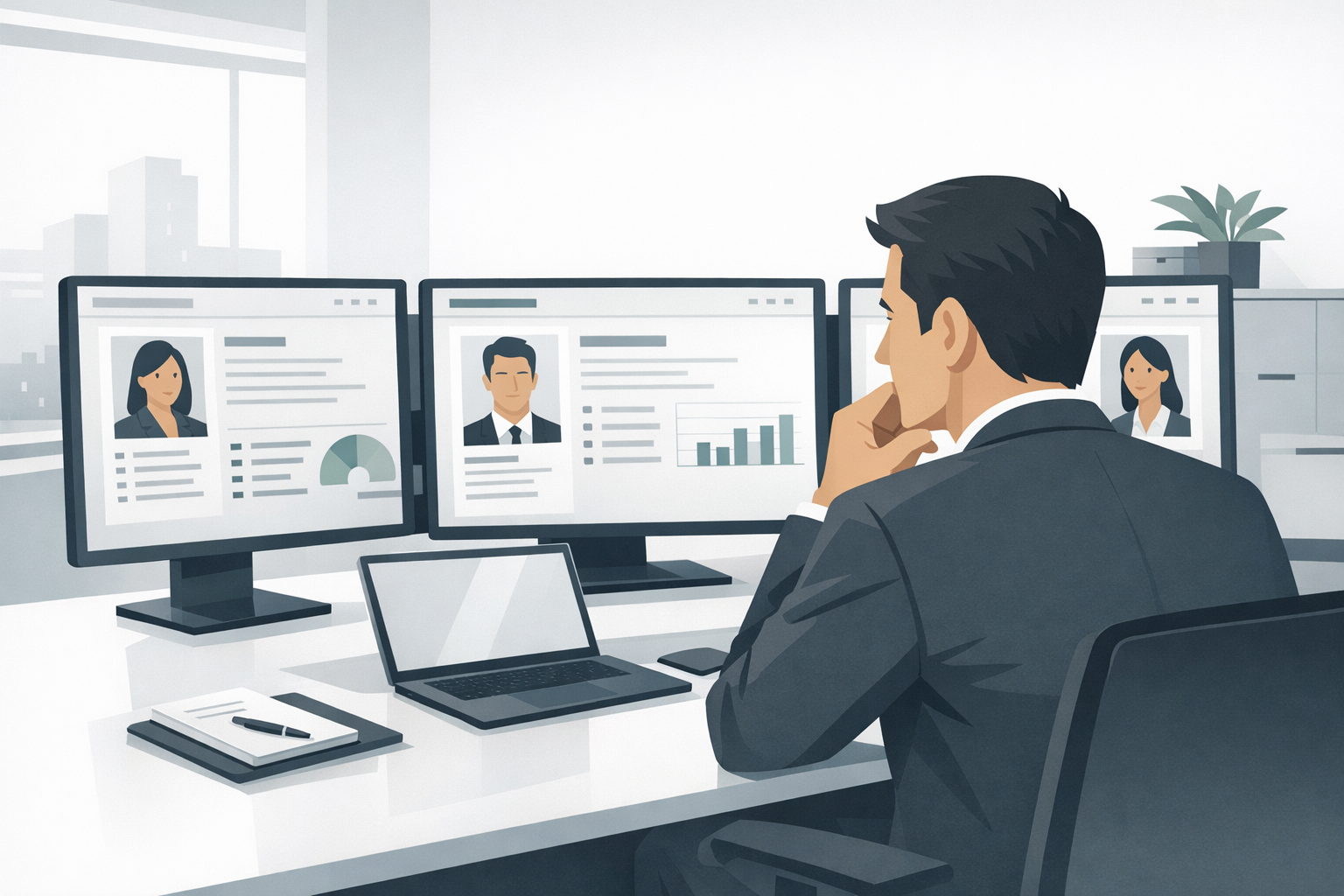 Geschäftsmann im modernen Buero blickt konzentriert auf mehrere Bildschirme mit Bewerberdaten