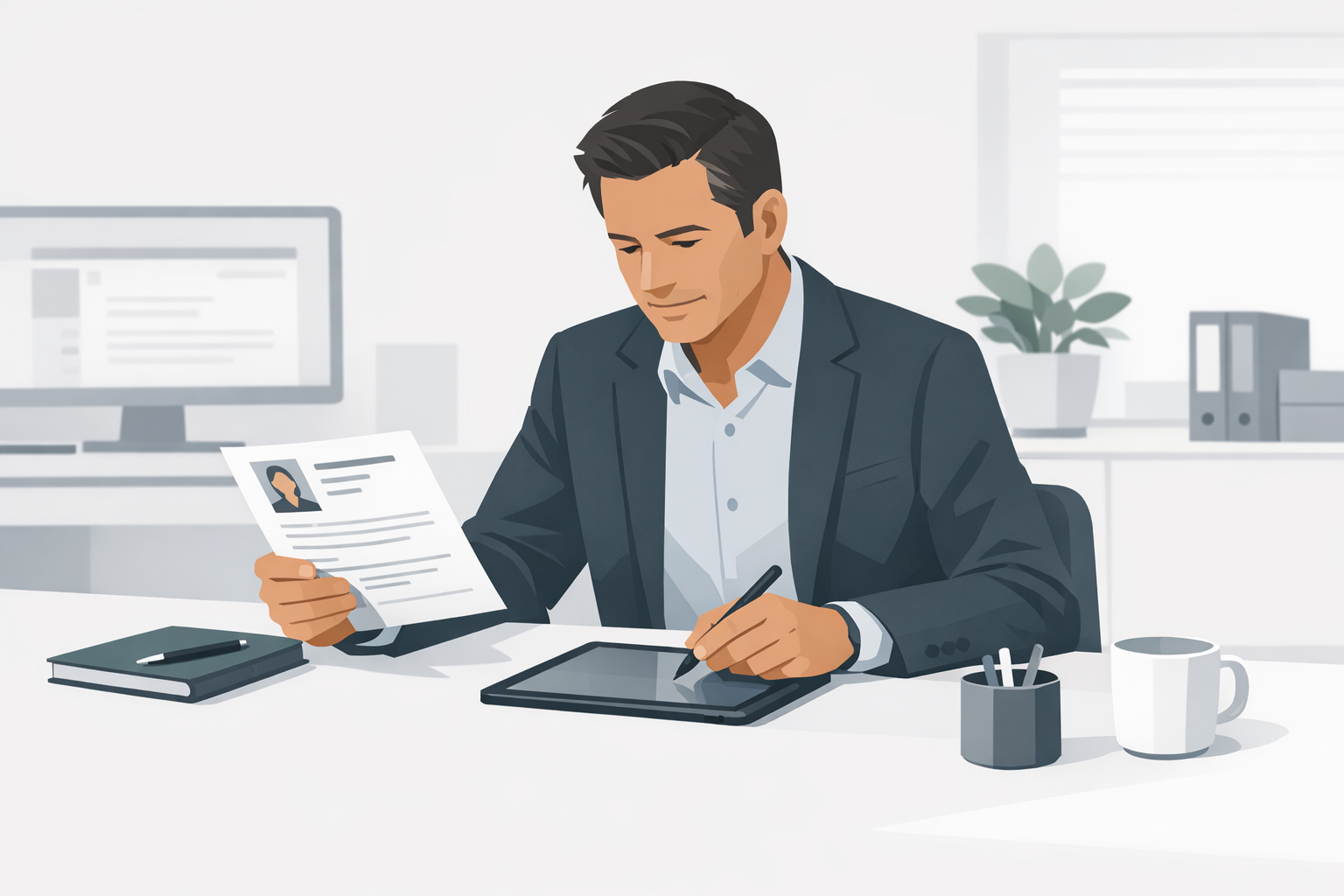 Personaler liest eine Bewerbung am Schreibtisch und macht sich Notizen auf einem Tablet