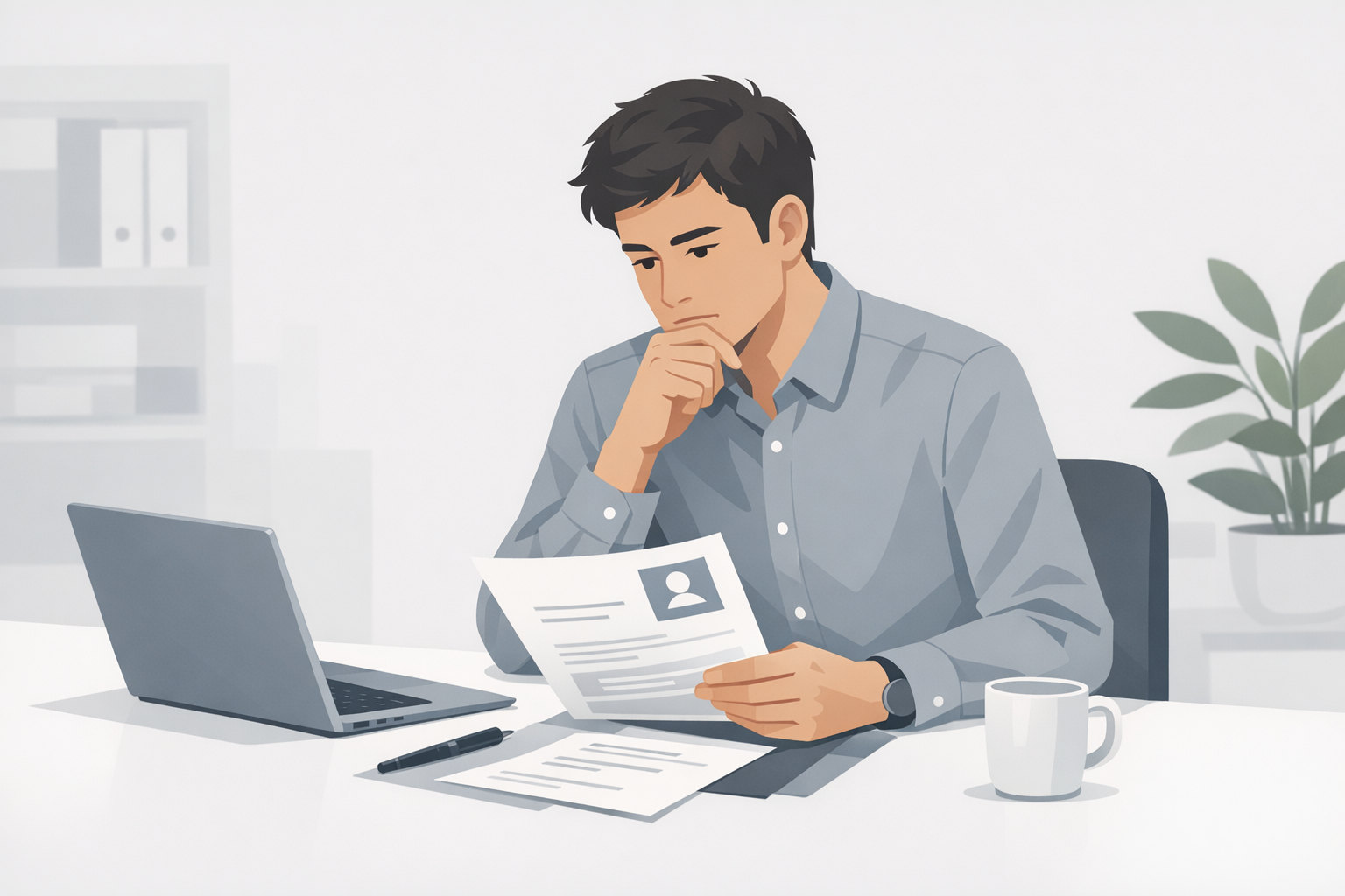 Junger Berufseinsteiger sitzt nachdenklich vor seinem Laptop und prueft seine Bewerbungsunterlagen