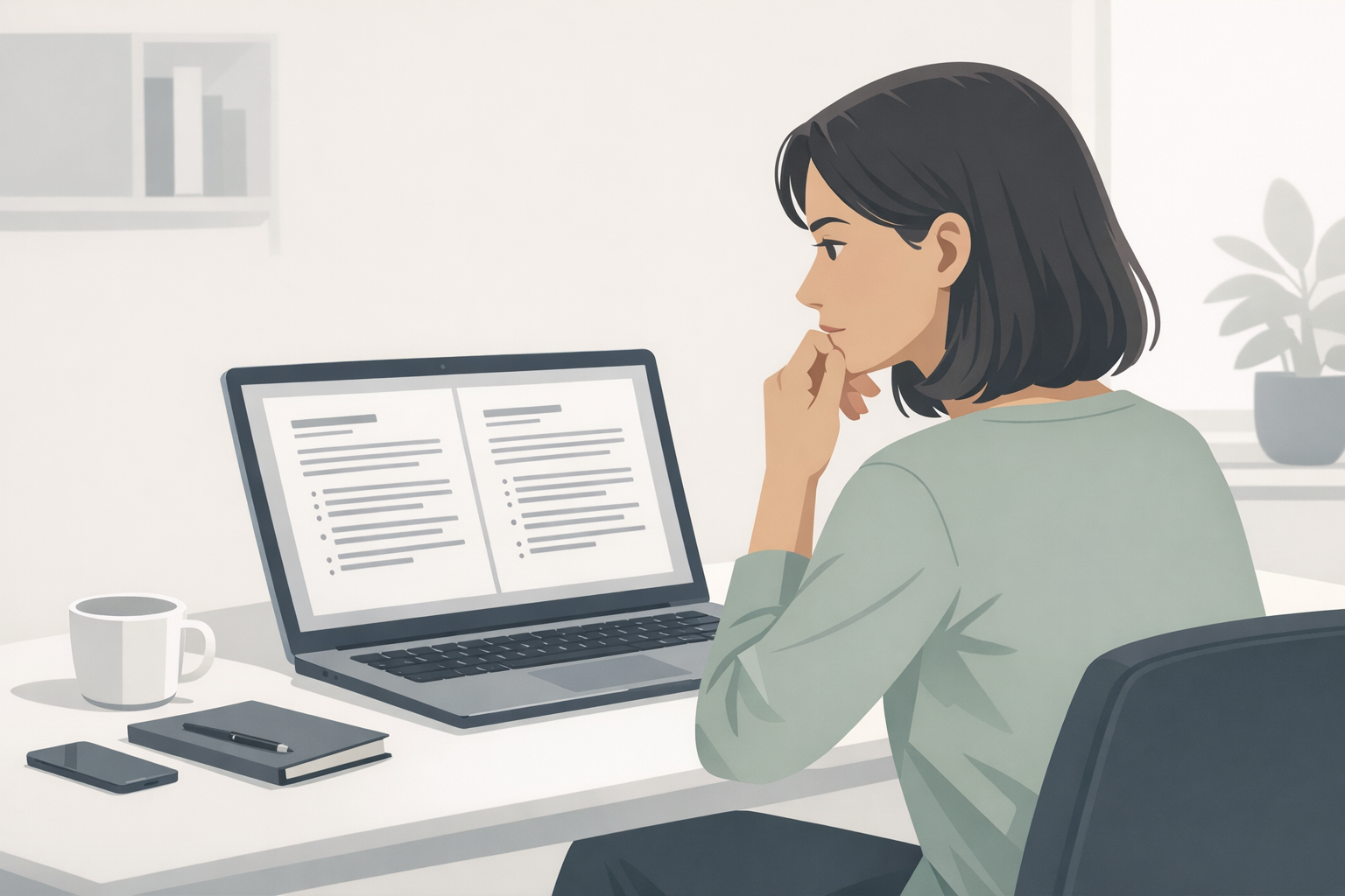 Junge Frau sitzt nachdenklich vor ihrem Laptop und vergleicht zwei Bewerbungstexte auf dem Bildschirm