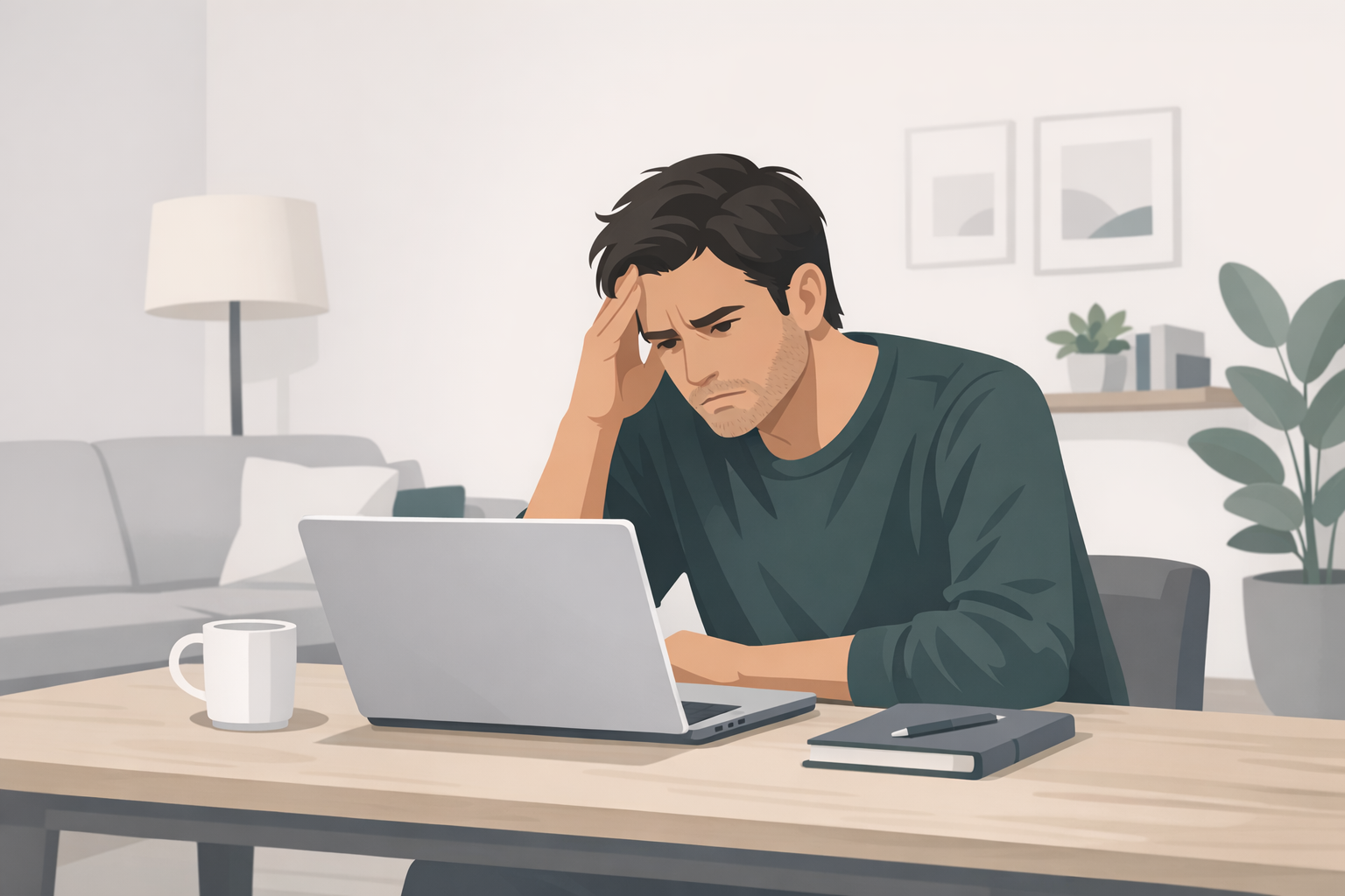 Junger Mann schaut frustriert auf seinen Laptop-Bildschirm, haelt sich den Kopf, sitzt an einem Tisch in gemuetlichem Wohnzimmer