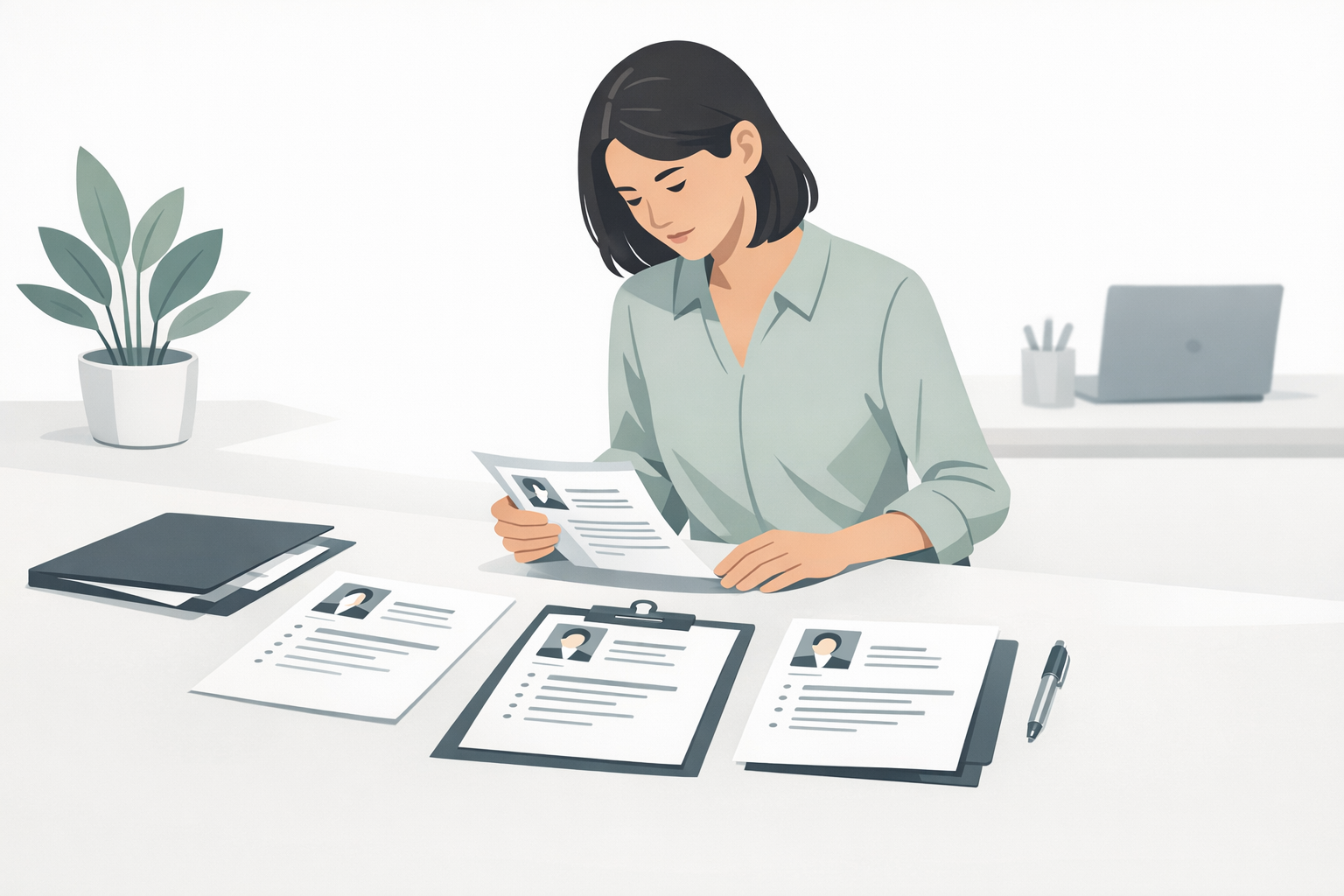 Bewerberin ordnet mehrere Bewerbungsunterlagen auf einem Schreibtisch und prueft den Gesamteindruck