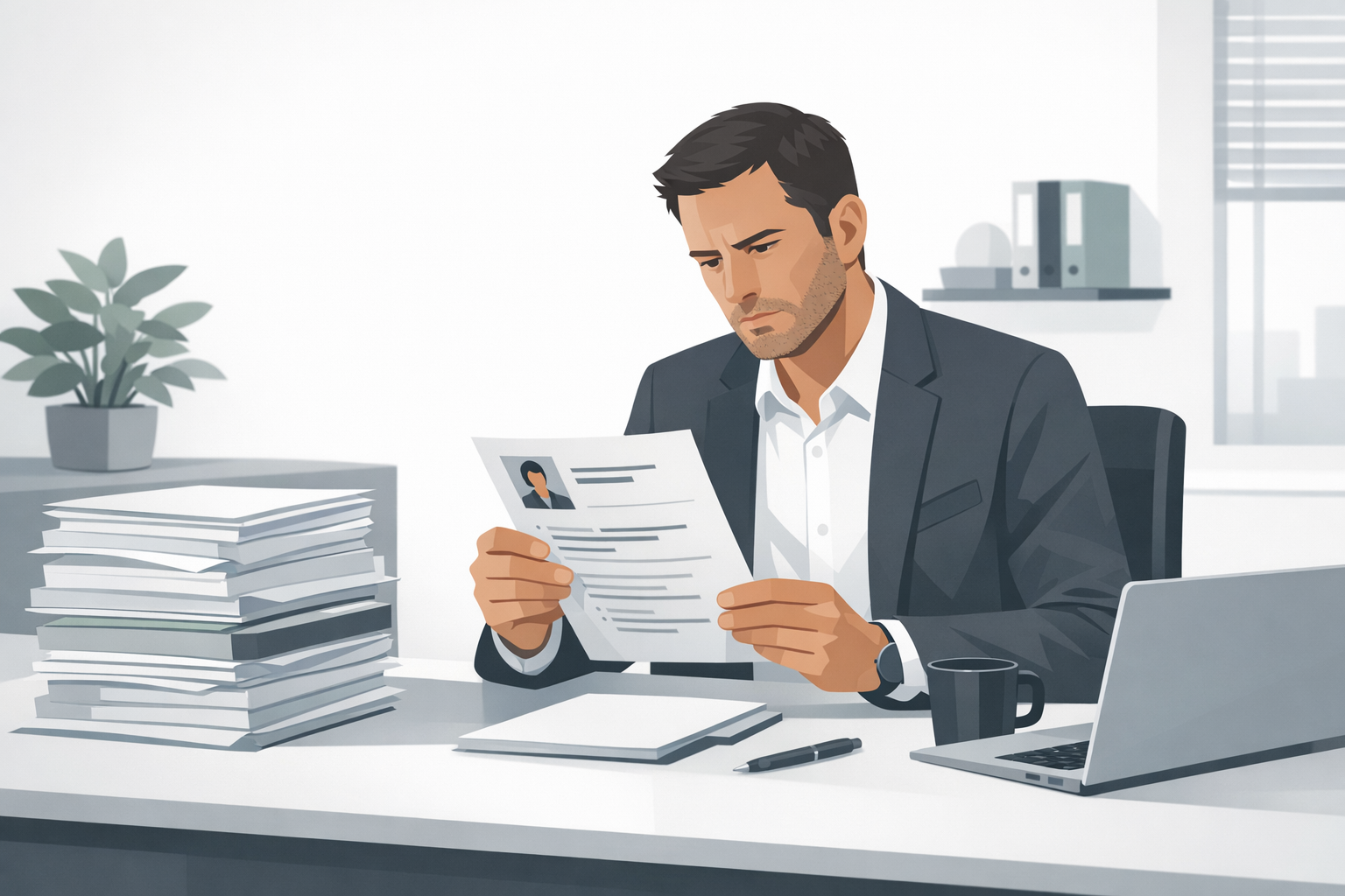 Personaler prueft kritisch eine Bewerbung am Schreibtisch, Stapel Unterlagen daneben