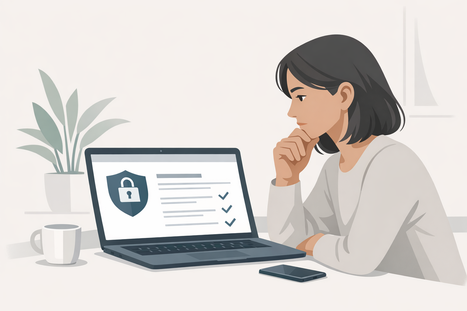 Junge Frau sitzt nachdenklich vor ihrem Laptop und liest konzentriert Datenschutzinformationen auf dem Bildschirm