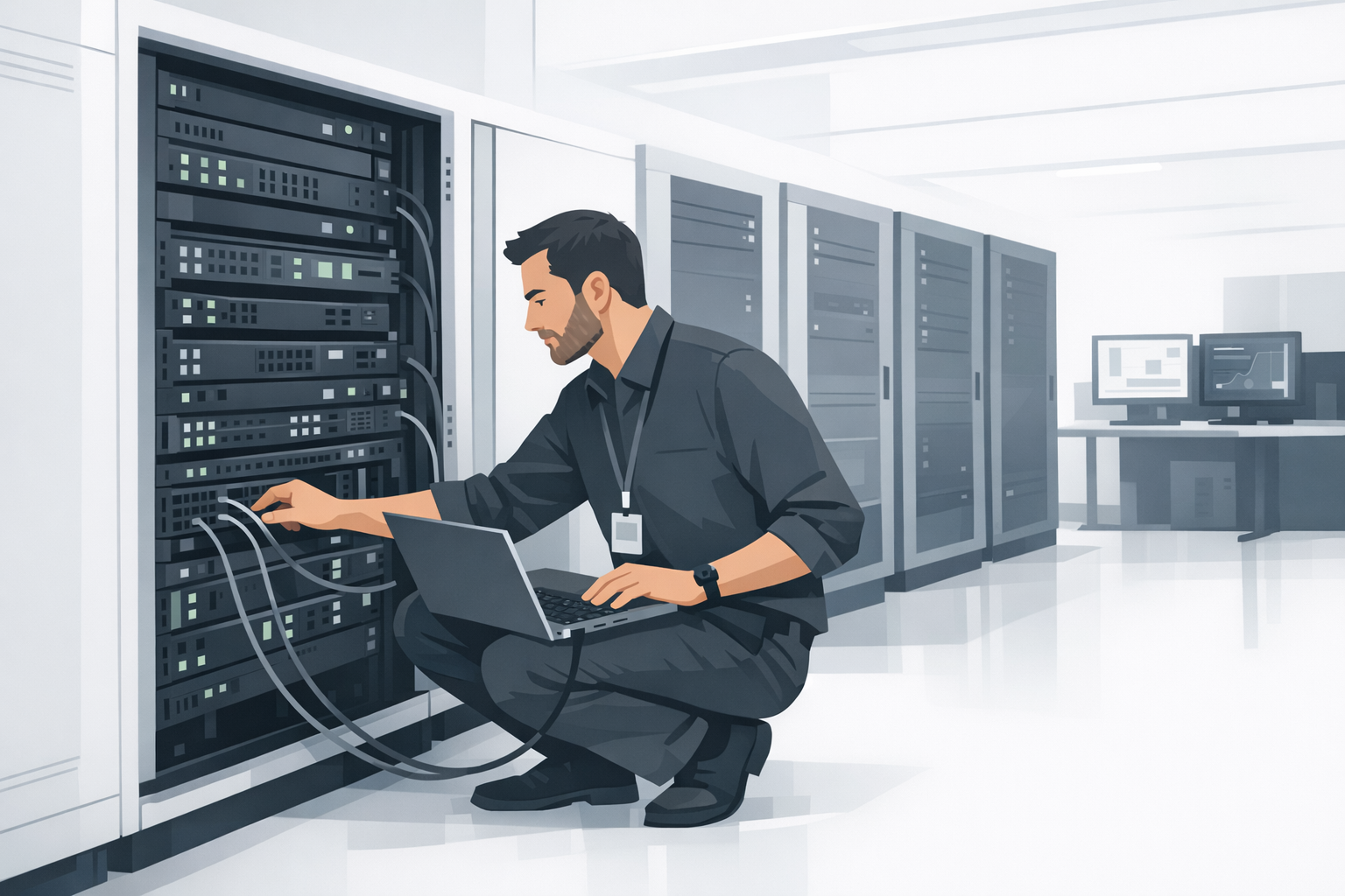 IT-Spezialist arbeitet konzentriert an einem Server-Setup in einem modernen Rechenzentrum