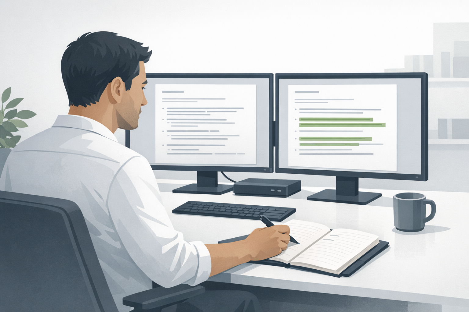 Mann im Buero vergleicht zwei Dokumente am Bildschirm und macht sich Notizen auf einem Notizblock