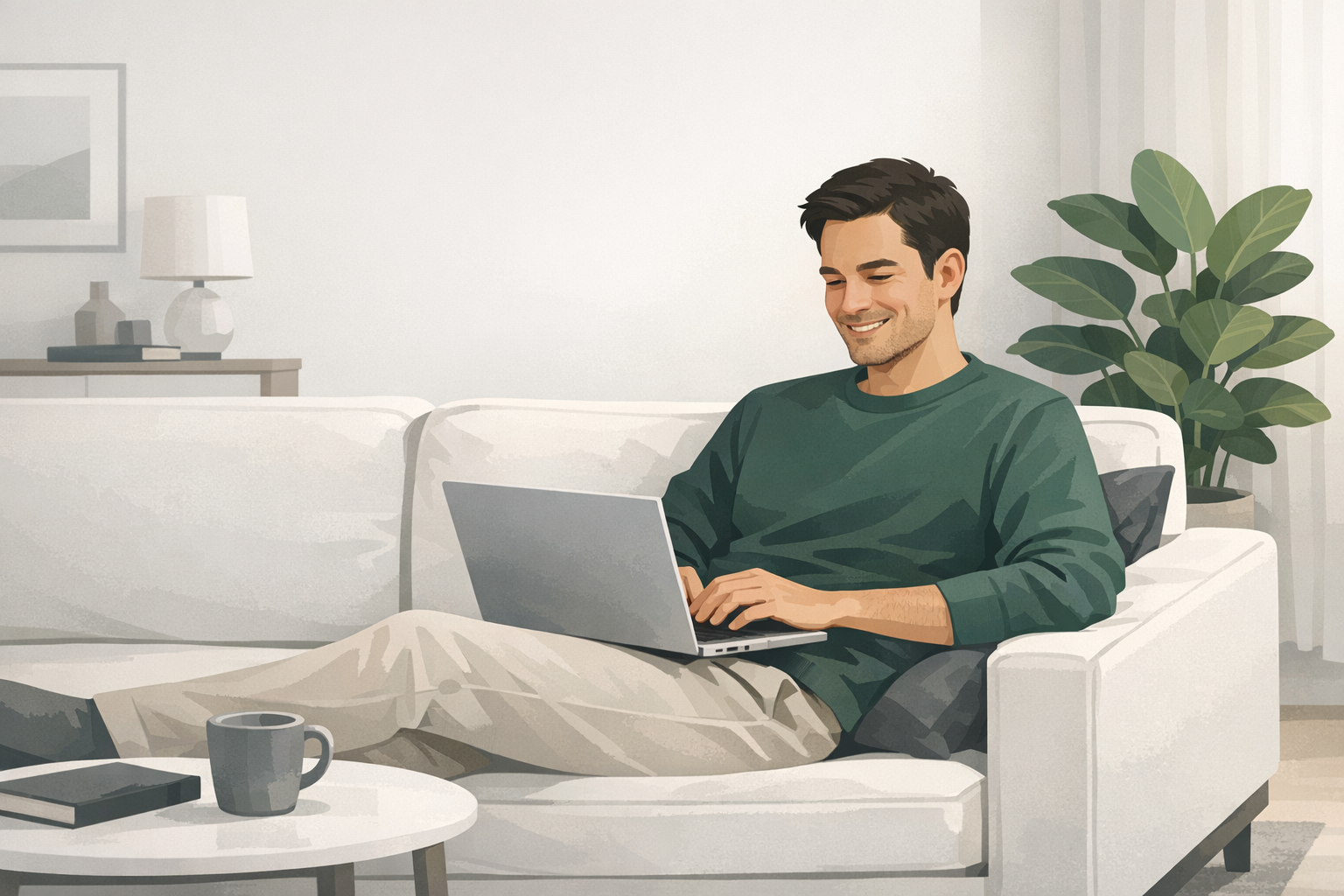 Entspannter junger Mann sitzt mit Laptop auf dem Sofa und laechelt zufrieden auf den Bildschirm, gemuetliches Wohnzimmer mit Pflanze