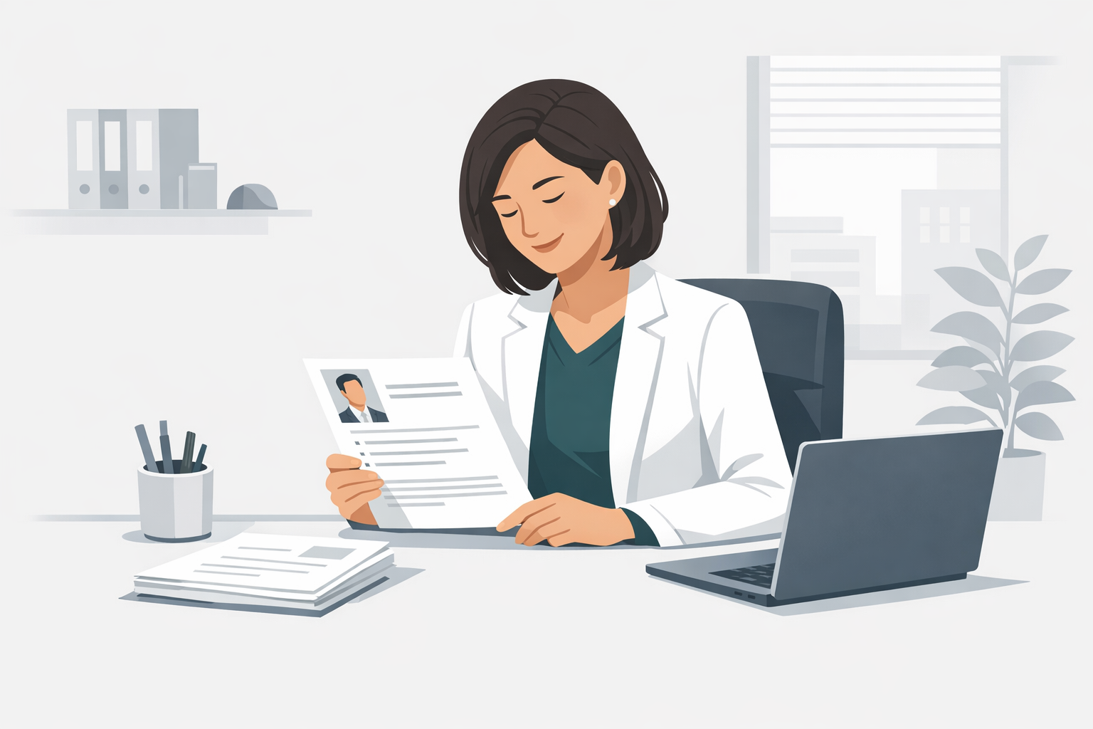 Personaler sichtet Bewerbungsunterlagen an ihrem Schreibtisch und nickt zufrieden