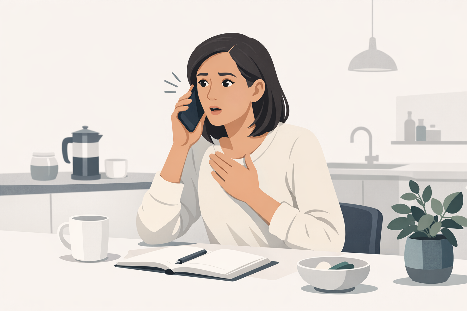 Junge Frau erhaelt ueberraschend einen Anruf am Smartphone, sitzt nervoes am Kuechentisch