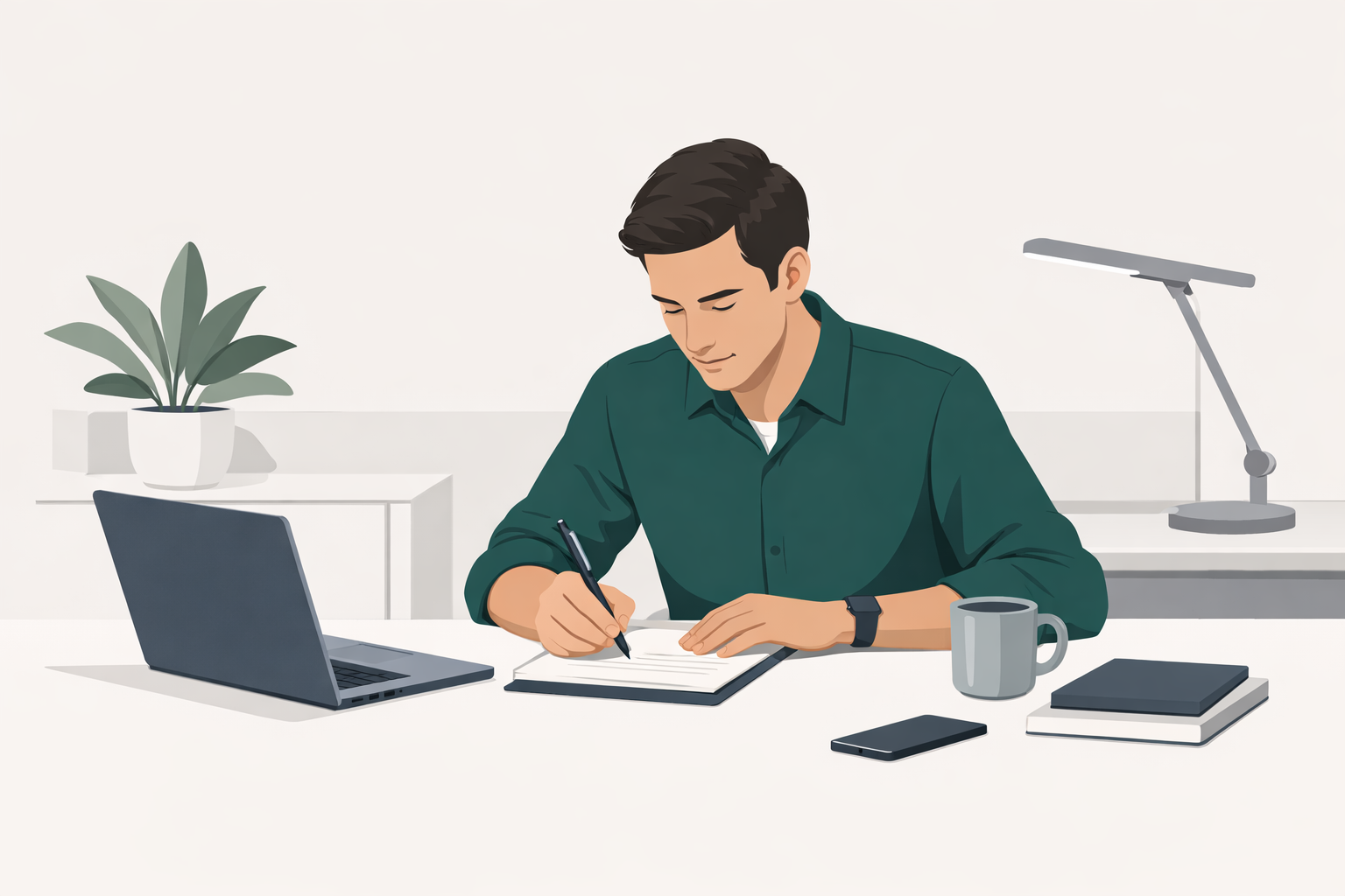 Junger Mann am Schreibtisch macht sich Notizen auf Papier, Laptop daneben, konzentrierte Vorbereitung