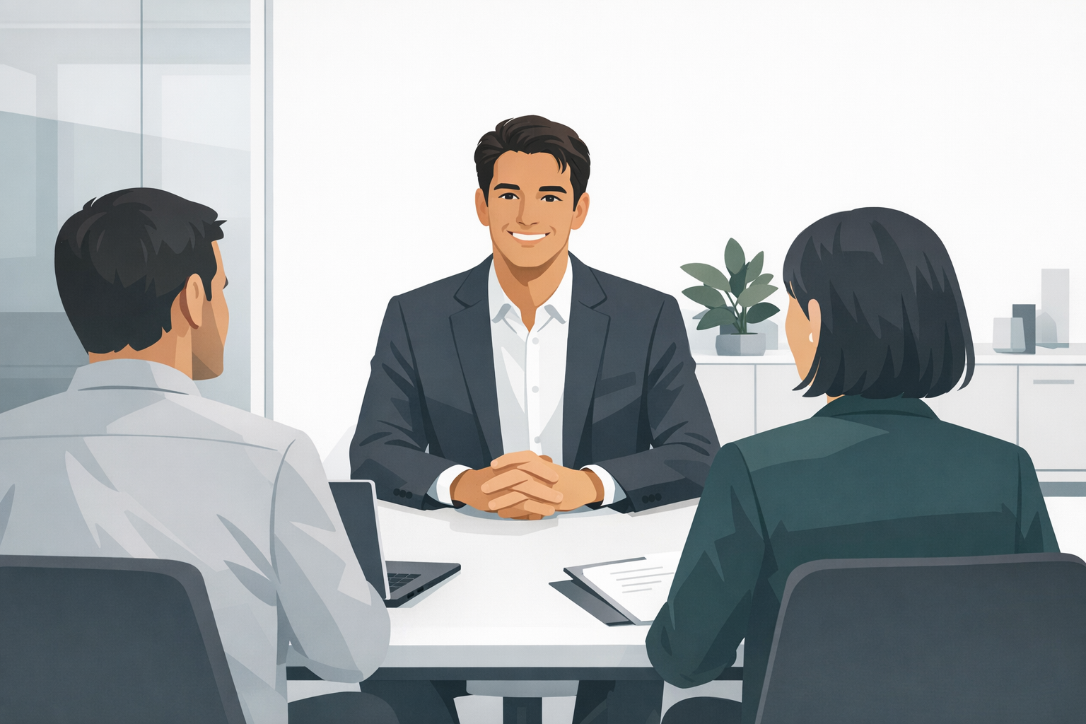 Bewerber im Vorstellungsgespraech laechelt selbstbewusst gegenueber zwei Personalern in modernem Buero