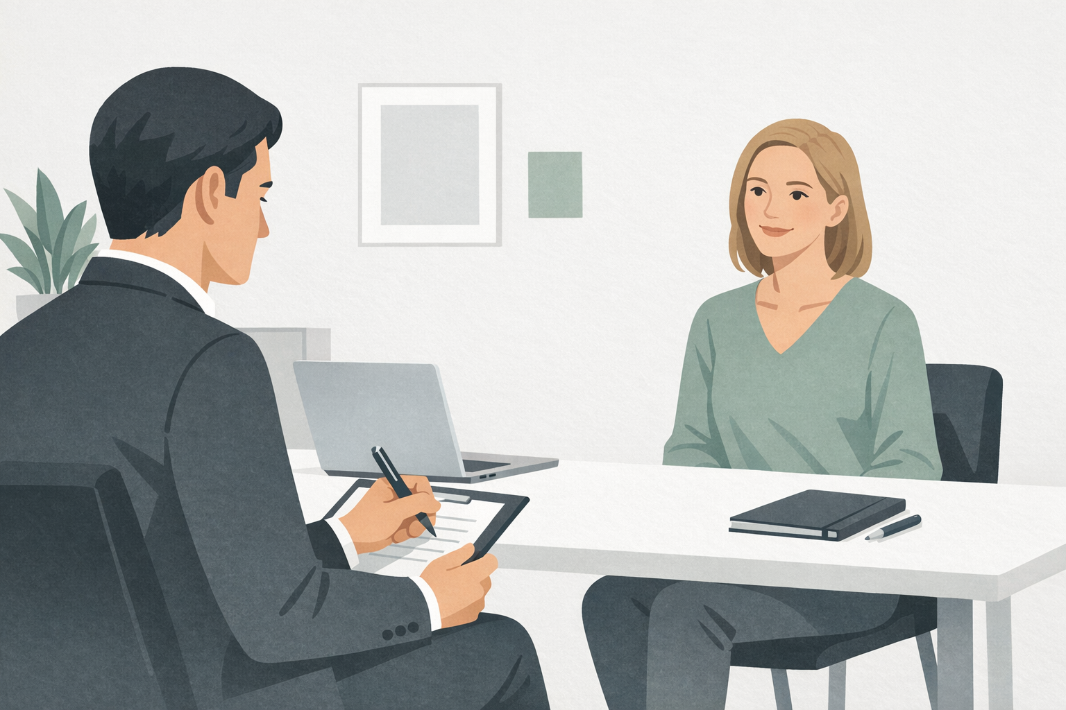 Personaler macht sich waehrend eines Bewerbungsgespraechs Notizen, gegenüber sitzt eine entspannte Bewerberin