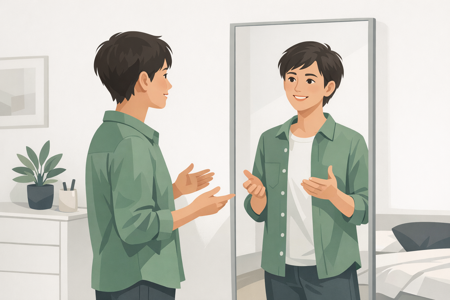 Junge Person uebt vor dem Spiegel eine Antwort fuer ein Vorstellungsgespraech, freundlicher Gesichtsausdruck