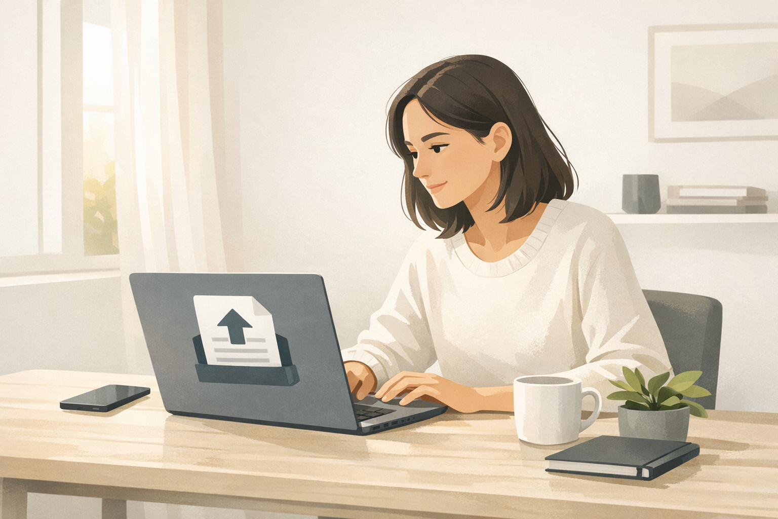 Junge Frau laedt am Laptop ein Dokument hoch, konzentriert und entspannt an ihrem Schreibtisch bei warmem Tageslicht