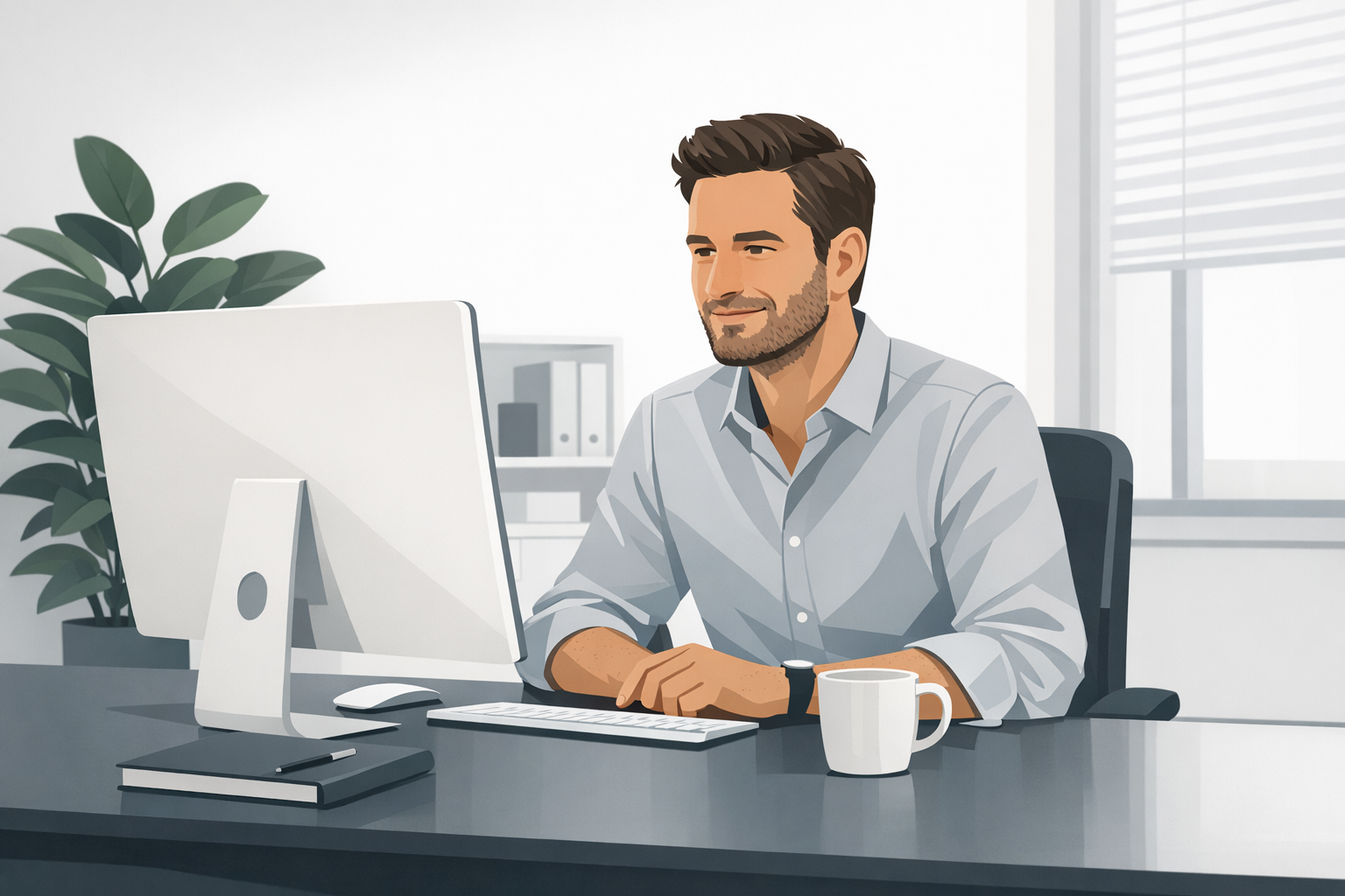 Mann am Schreibtisch schaut zufrieden auf seinen Bildschirm, modernes Buero mit Pflanze im Hintergrund