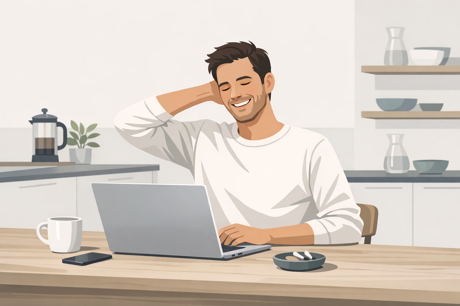 Junger Mann in Freizeitkleidung am Kuechentisch mit Laptop, erleichtert laechelnd