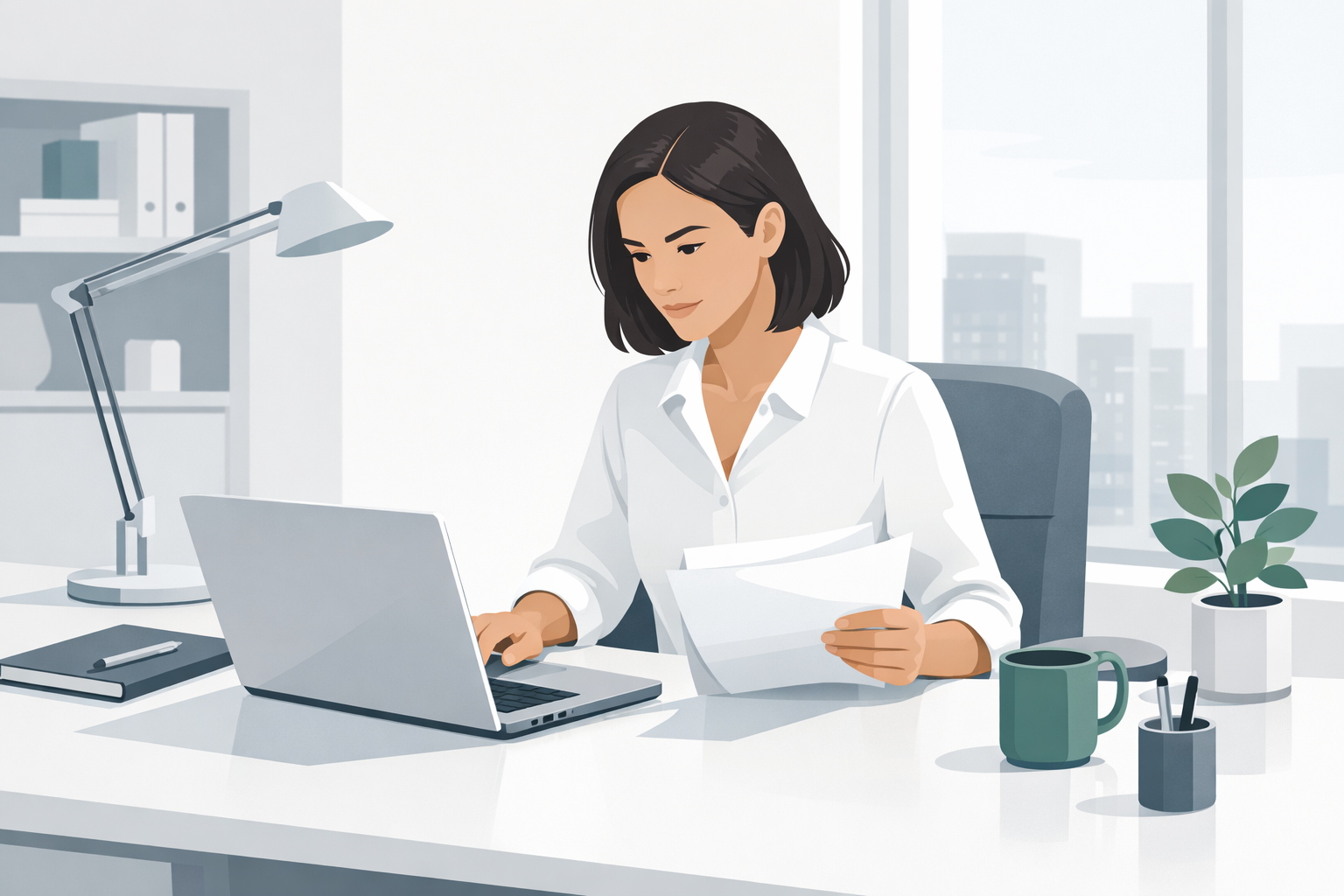 Person sitzt am Schreibtisch und prueft konzentriert Dokumente auf einem Laptop, helles modernes Buero