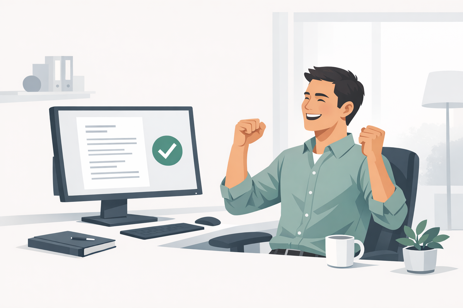 Erleichterter junger Mann am Schreibtisch freut sich ueber ein fehlerfreies Dokument auf dem Bildschirm
