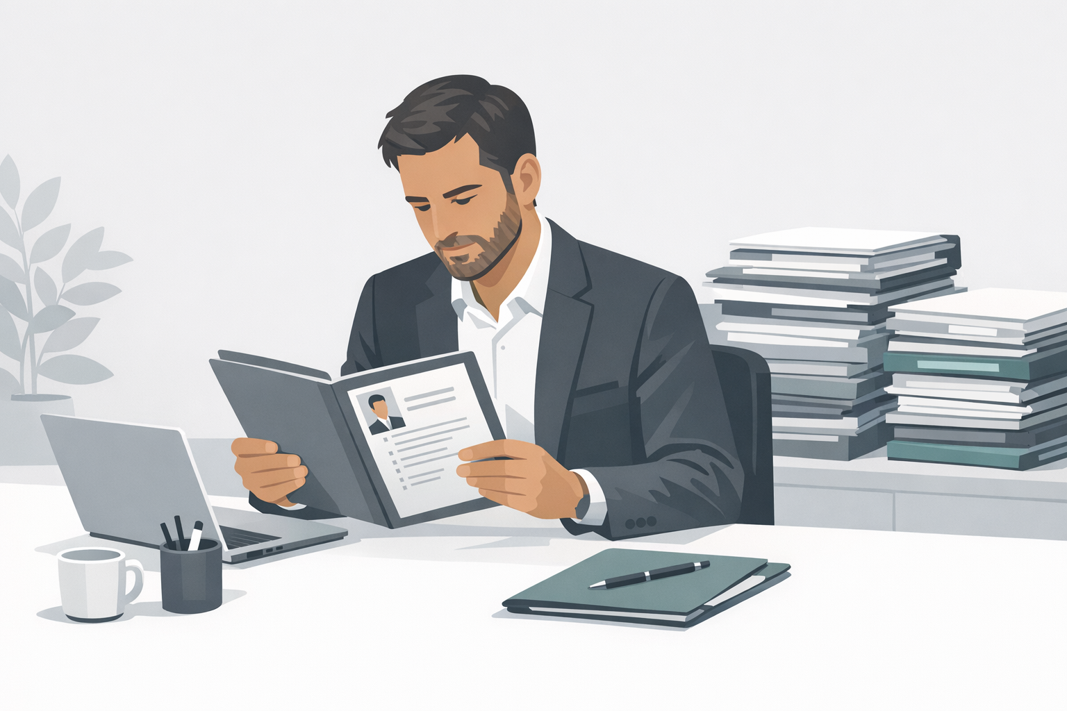 Personaler sichtet Bewerbungsunterlagen am Schreibtisch, Stapel von Mappen im Hintergrund