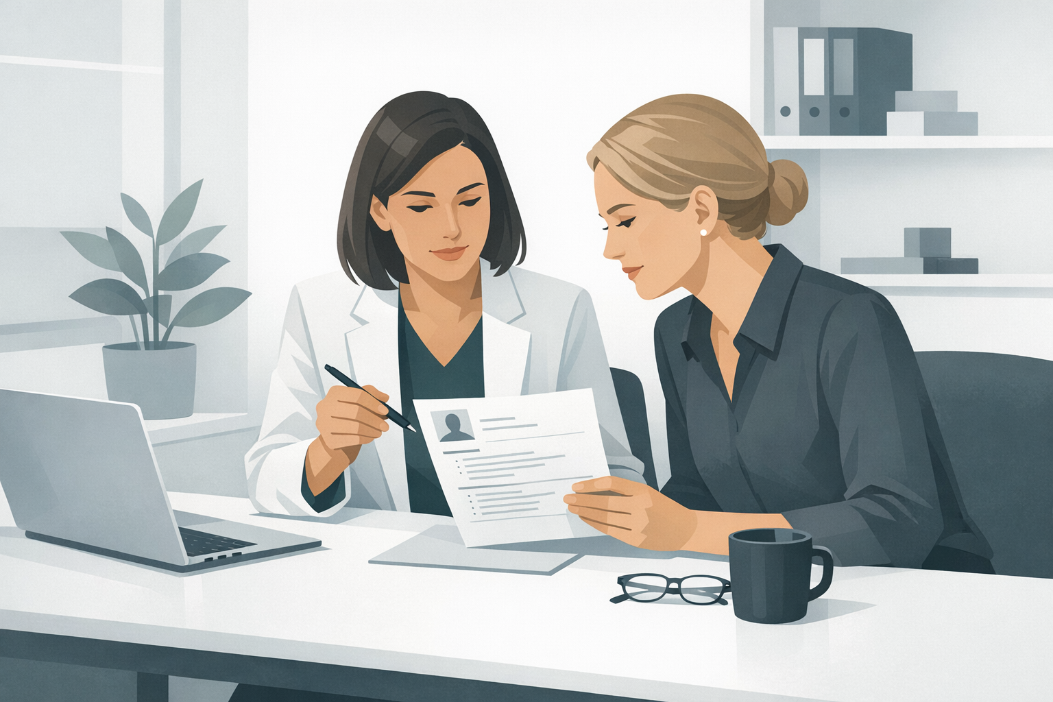 Zwei Kolleginnen besprechen gemeinsam einen Lebenslauf auf Papier, professionelle Bueroumgebung