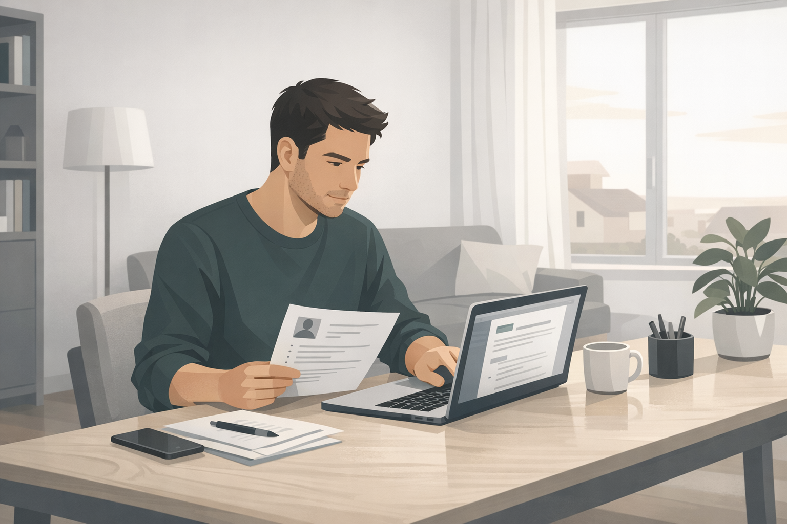 Junger Mann sitzt konzentriert vor dem Laptop und ueberarbeitet seinen Lebenslauf an einem Schreibtisch in seiner Wohnung, ruhige Nachmittagsstimmung