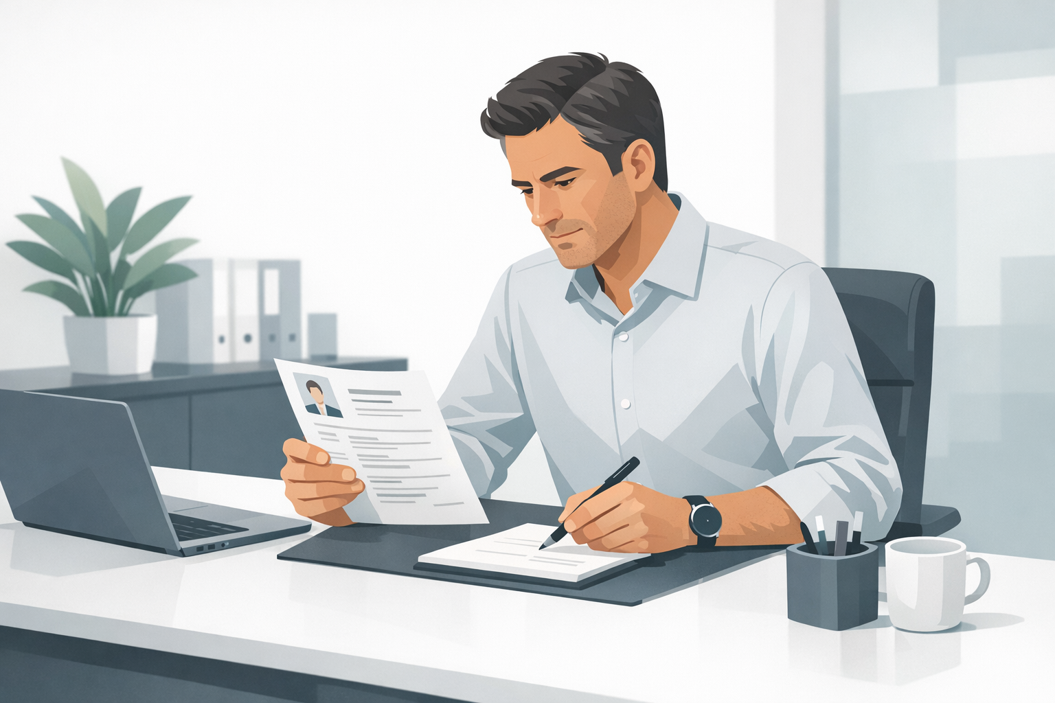 Personaler liest am Schreibtisch aufmerksam einen ausgedruckten Lebenslauf und macht sich Notizen