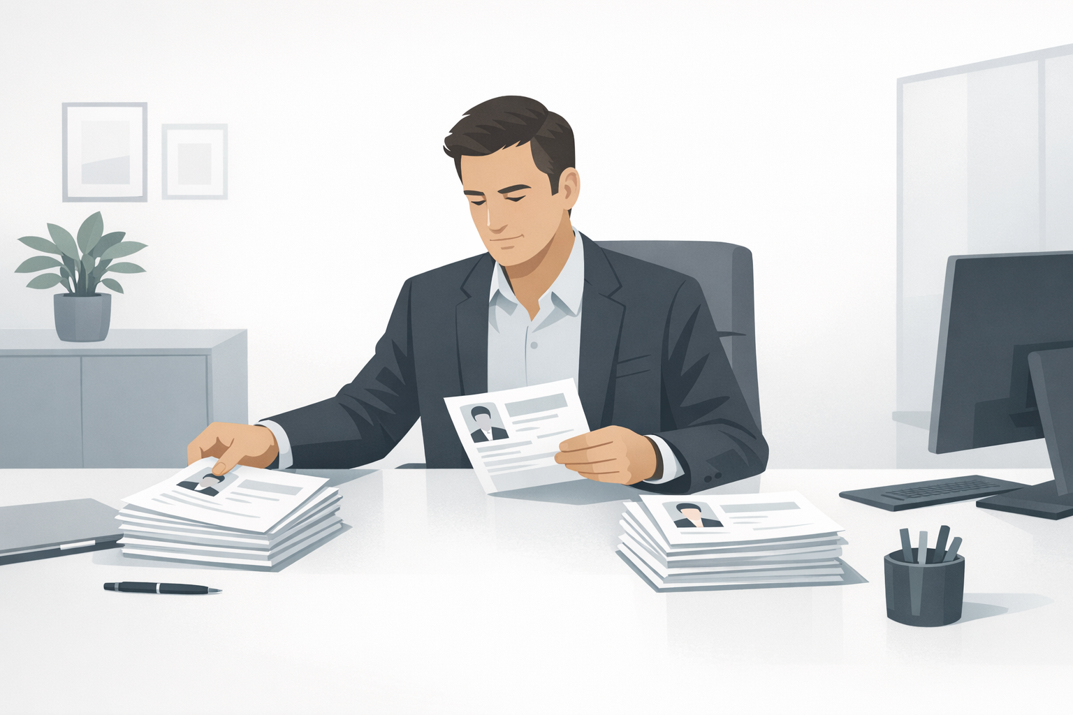 Personalverantwortlicher sortiert am Schreibtisch Bewerbungsunterlagen in zwei Stapel