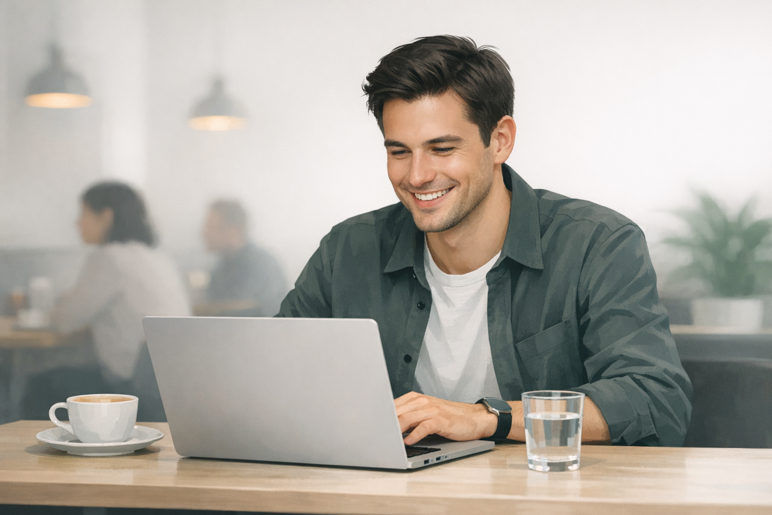 Junger Bewerber strahlt zufrieden auf seinen Laptop-Bildschirm in einem Cafe
